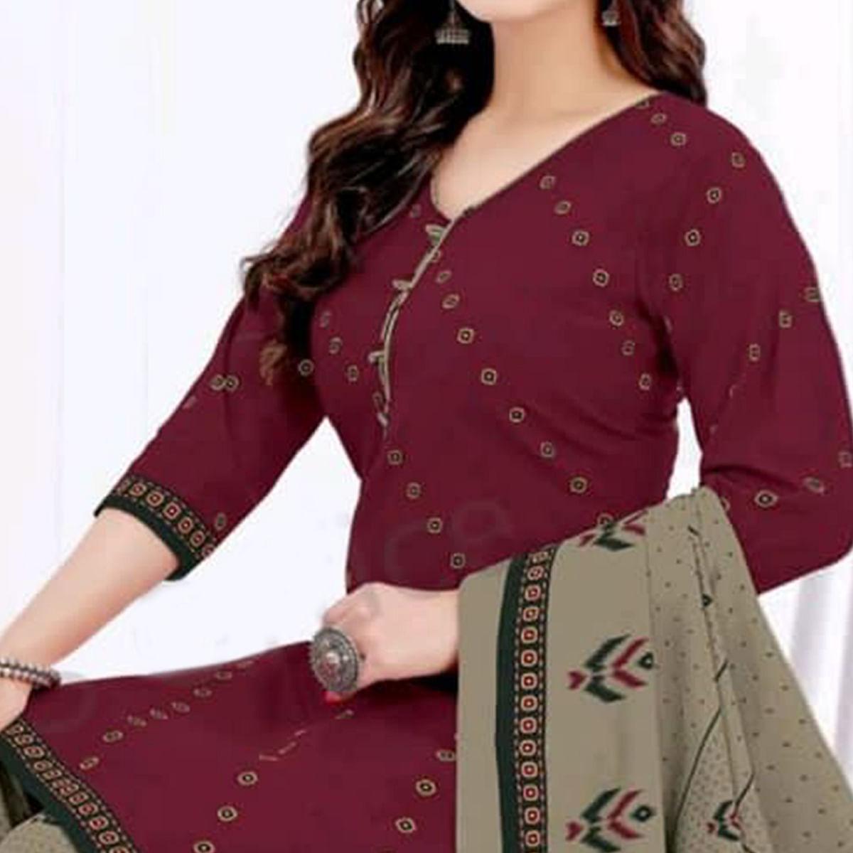 Wine Casual Wear Printed Leon Patiala Dress Material - Peachmode