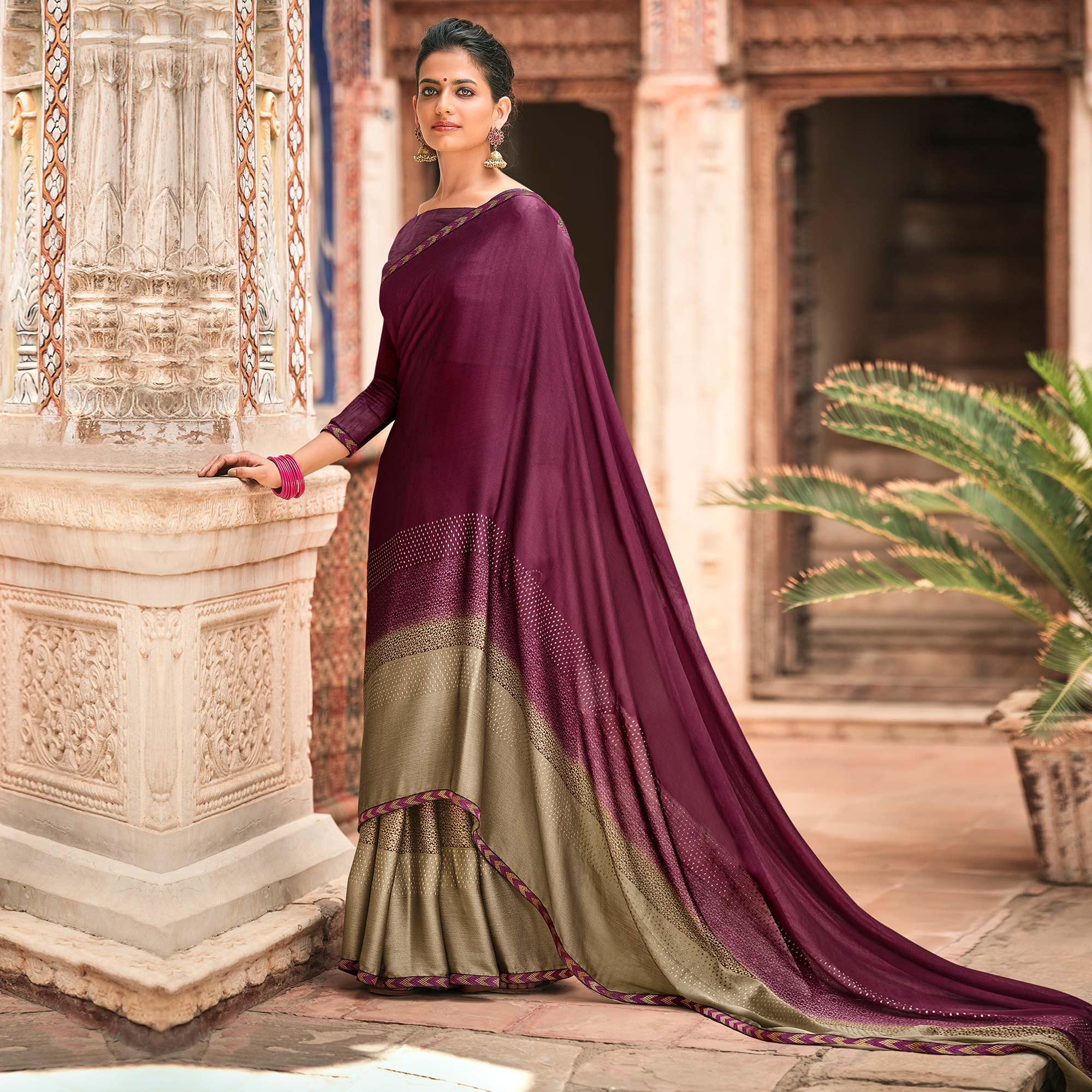 Wine Casual Wear Printed Moss Saree With Fancy Zari Border - Peachmode