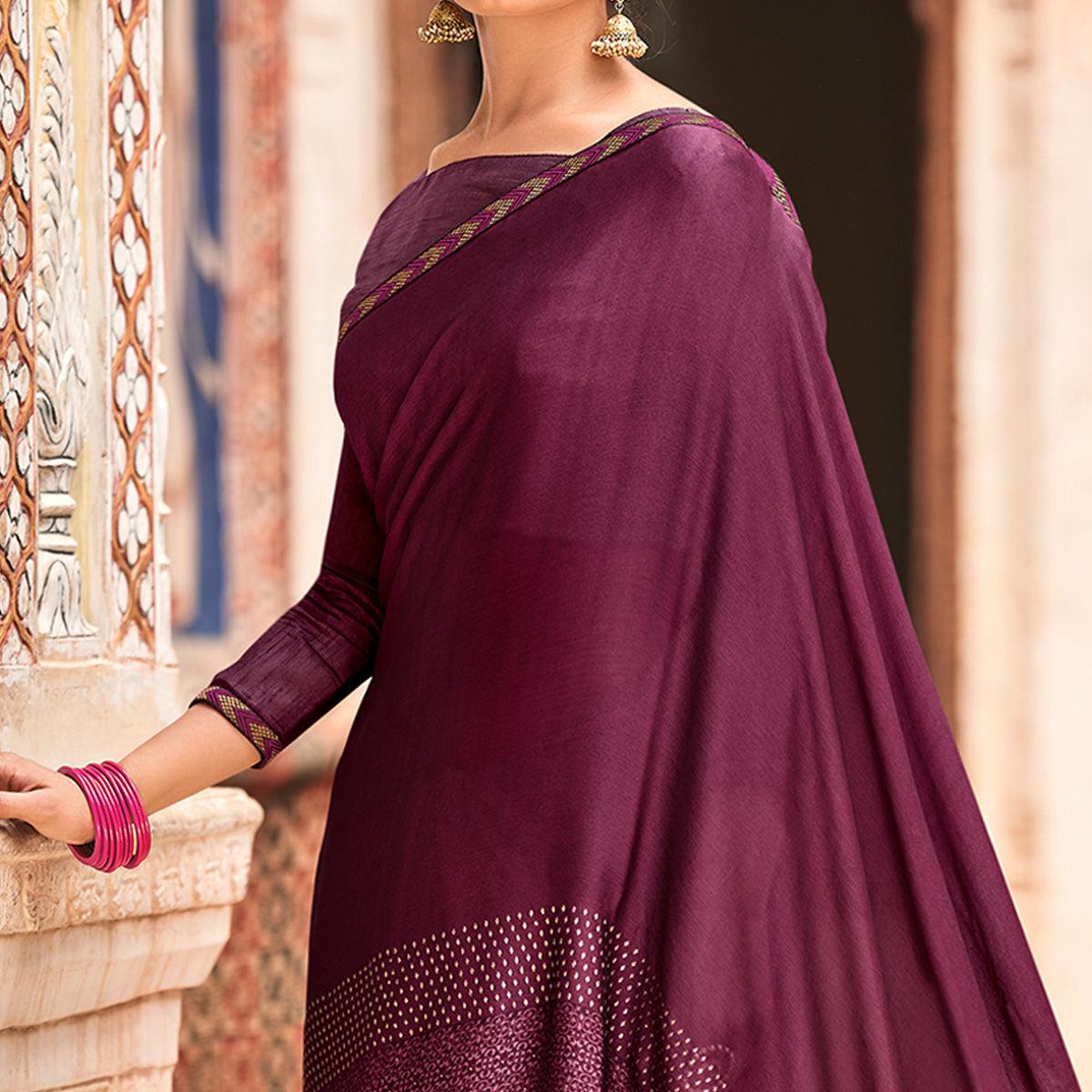 Wine Casual Wear Printed Moss Saree With Fancy Zari Border - Peachmode