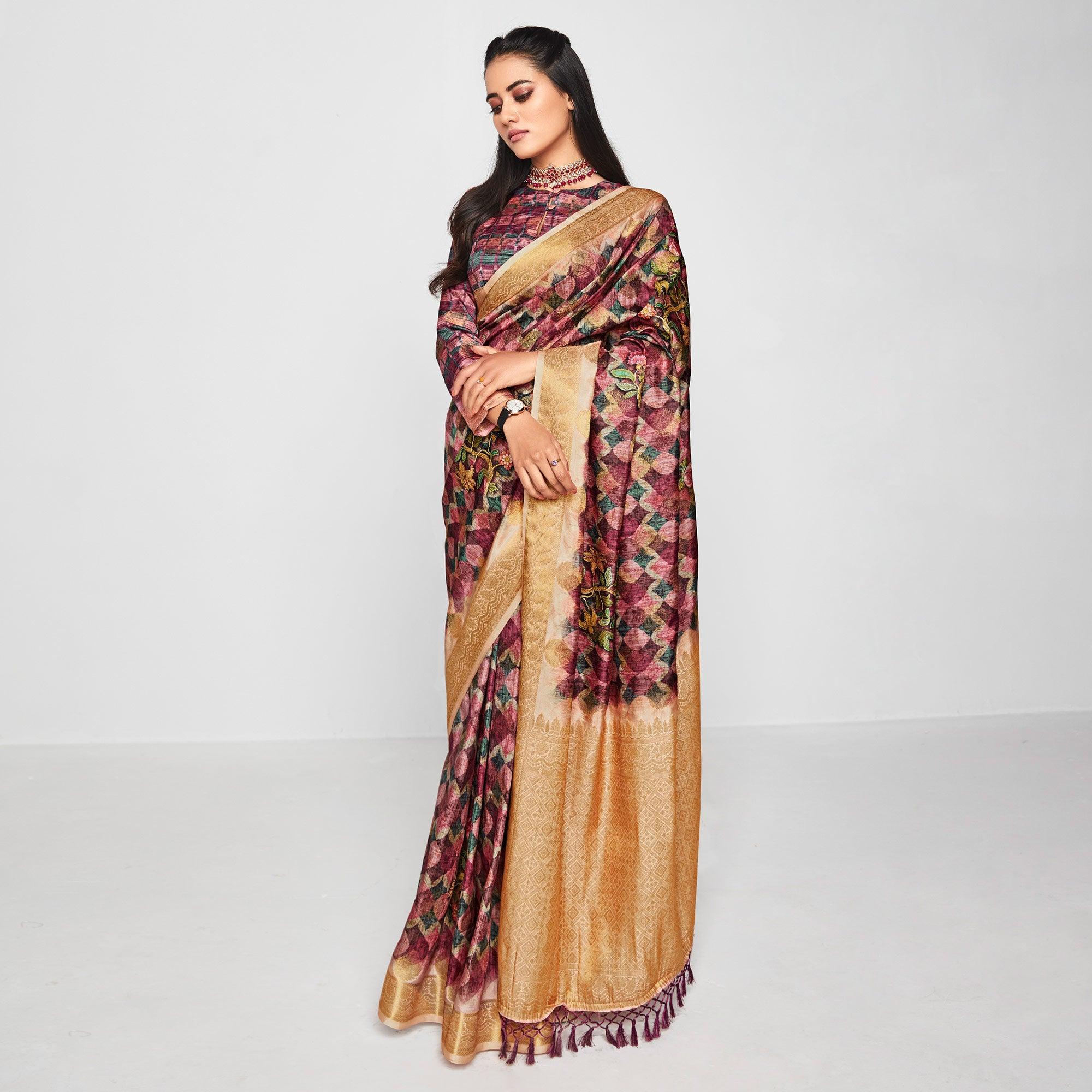 Wine Casual Wear Printed Soft Art Silk Saree - Peachmode