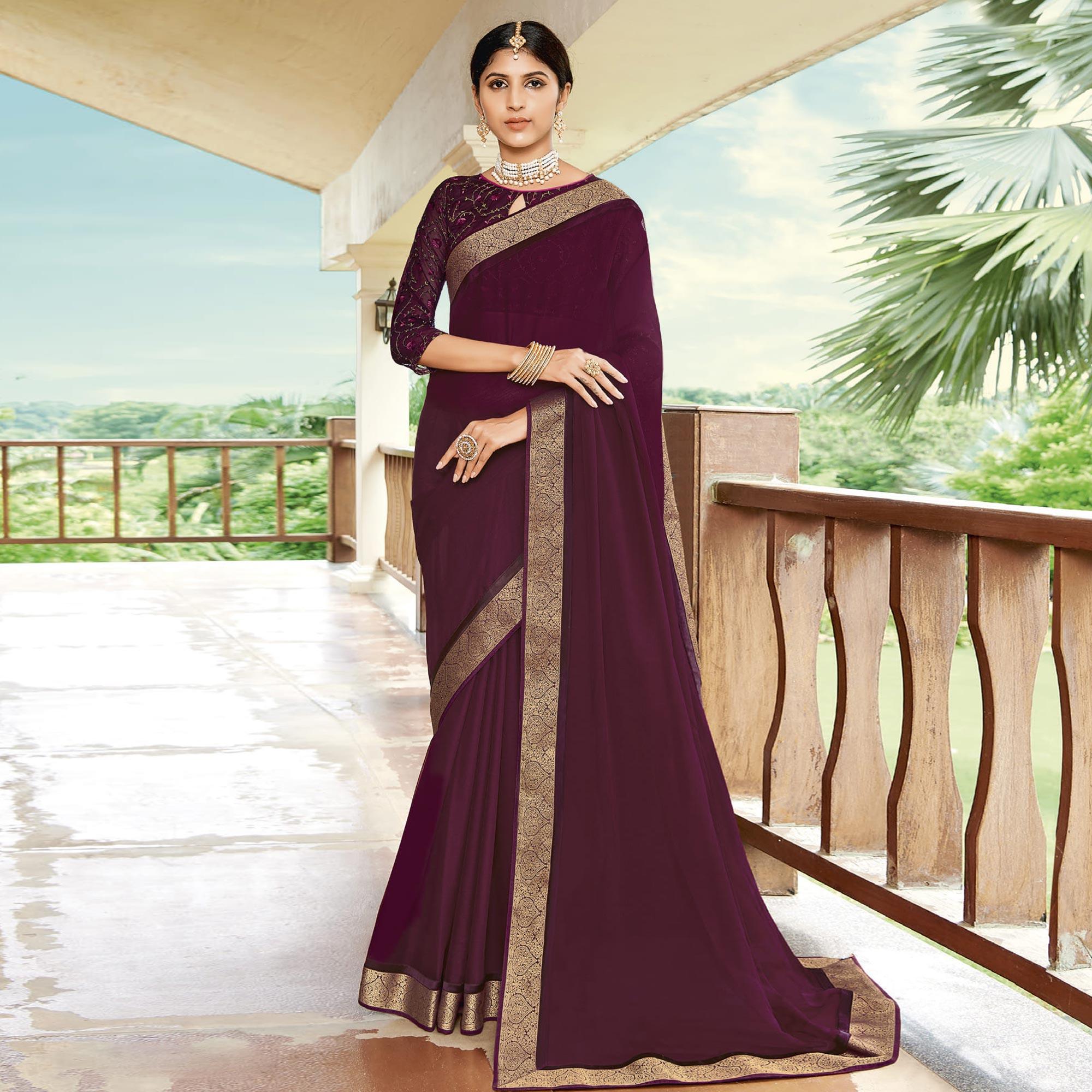 Wine Casual Wear Solid Chiffon Saree - Peachmode