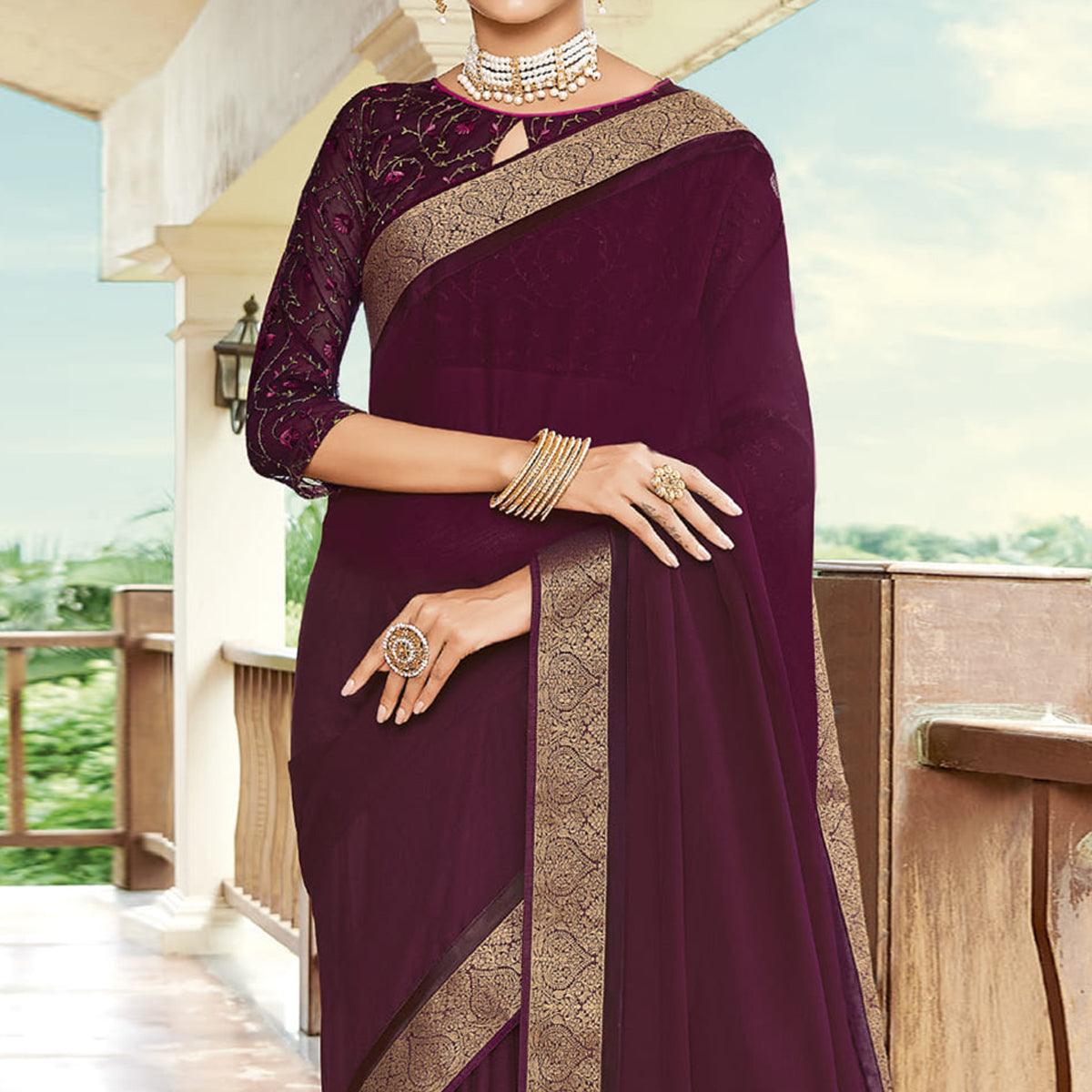Wine Casual Wear Solid Chiffon Saree - Peachmode