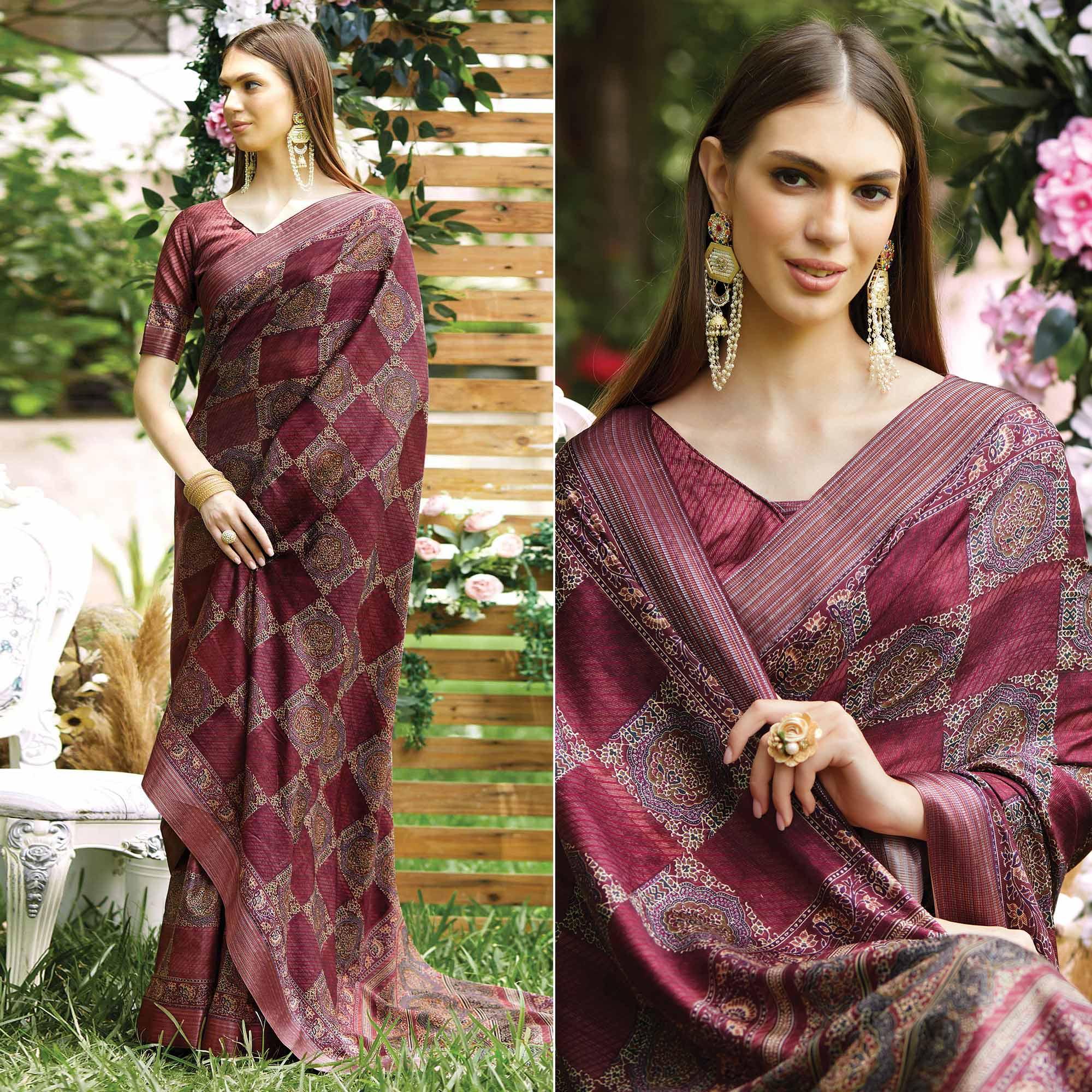 Wine Digital Printed Art Silk Saree - Peachmode