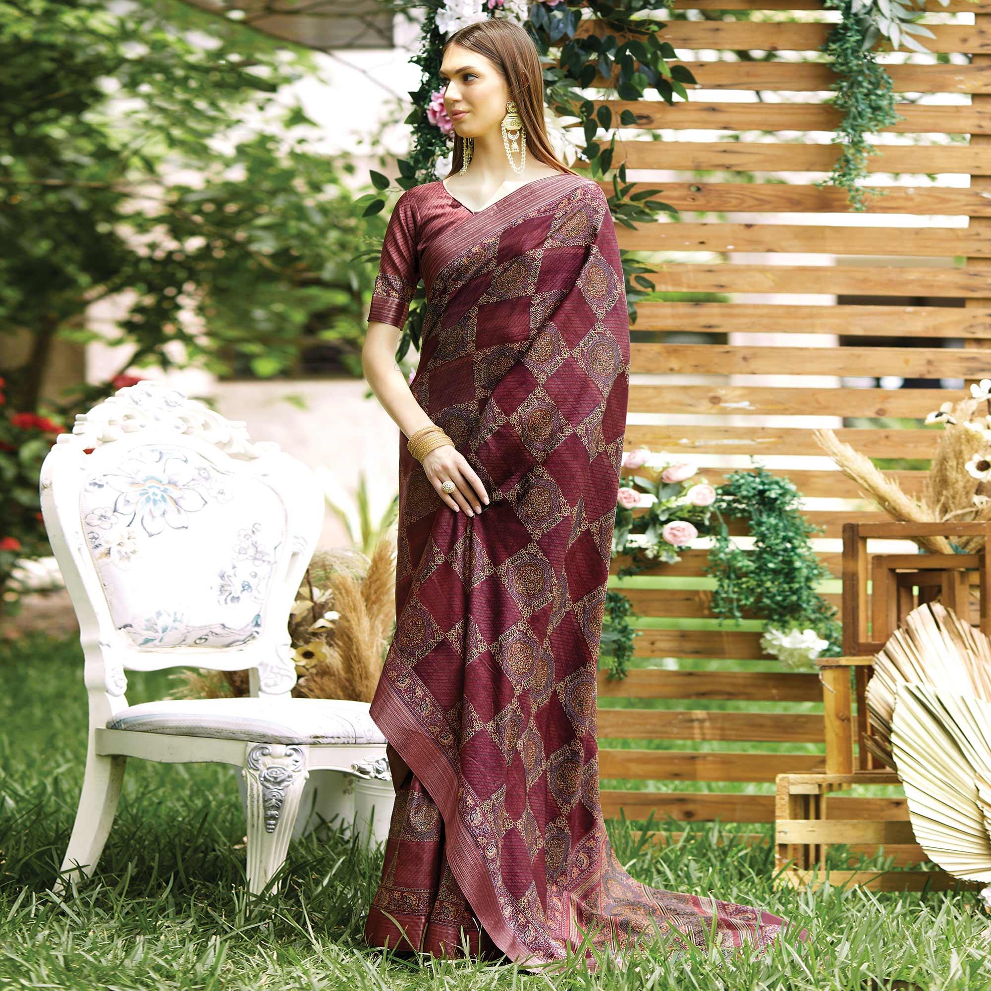 Wine Digital Printed Art Silk Saree - Peachmode