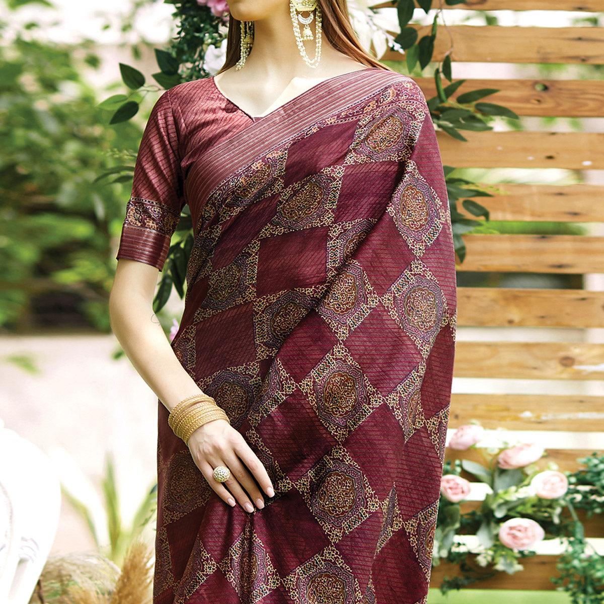 Wine Digital Printed Art Silk Saree - Peachmode