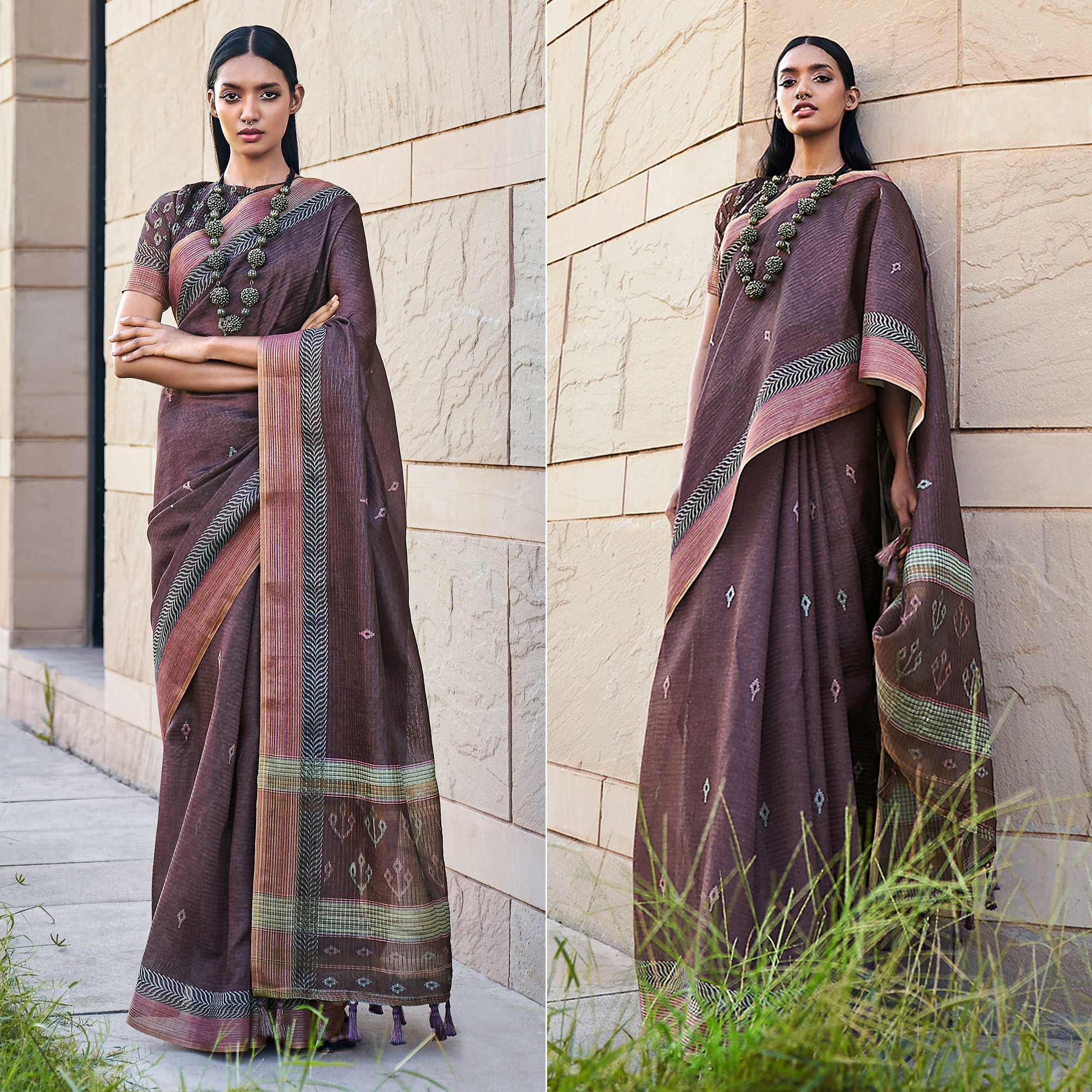 Wine Digital Printed Art Silk Saree With Tassels - Peachmode
