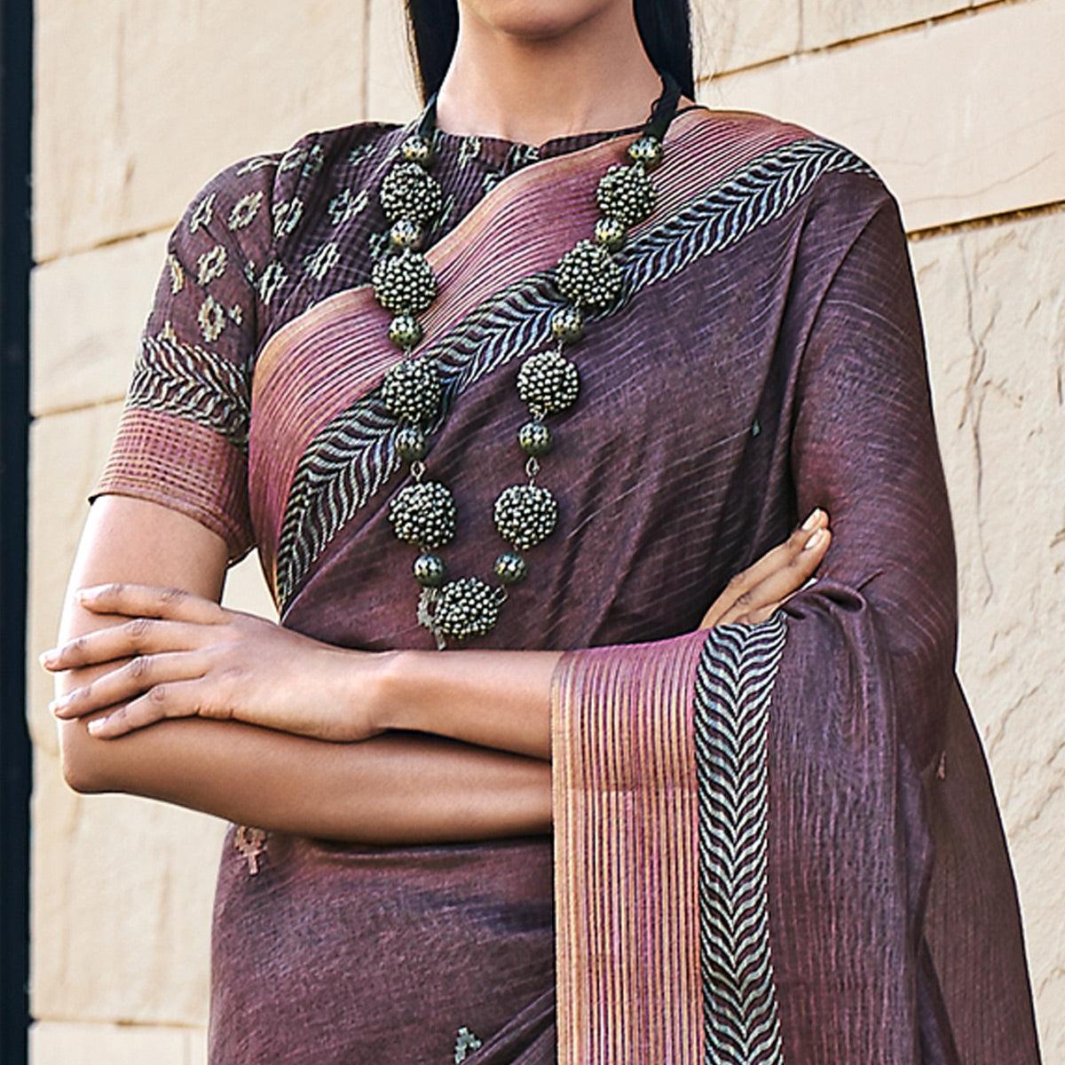 Wine Digital Printed Art Silk Saree With Tassels - Peachmode
