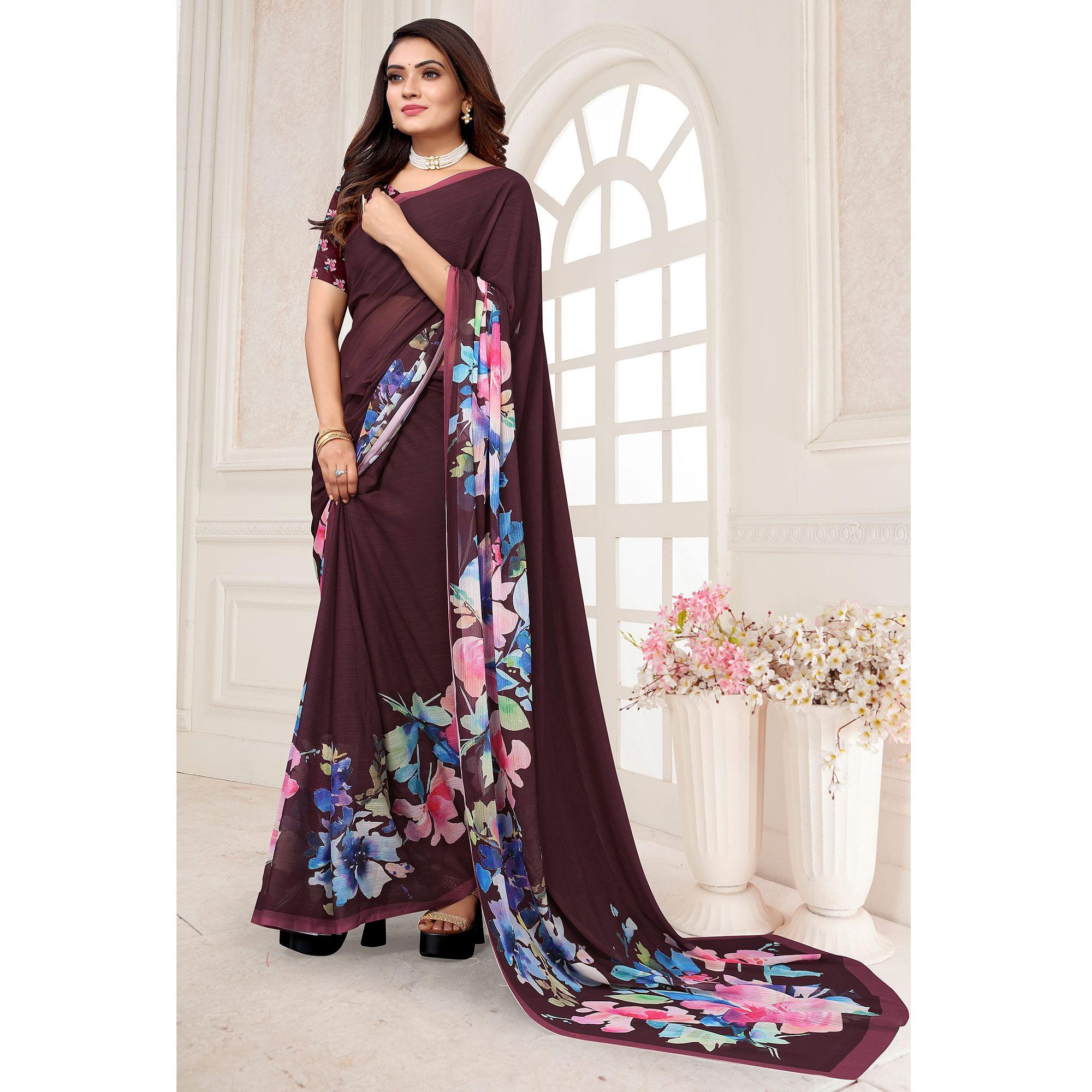 Wine Digital Printed Georgette Saree - Peachmode