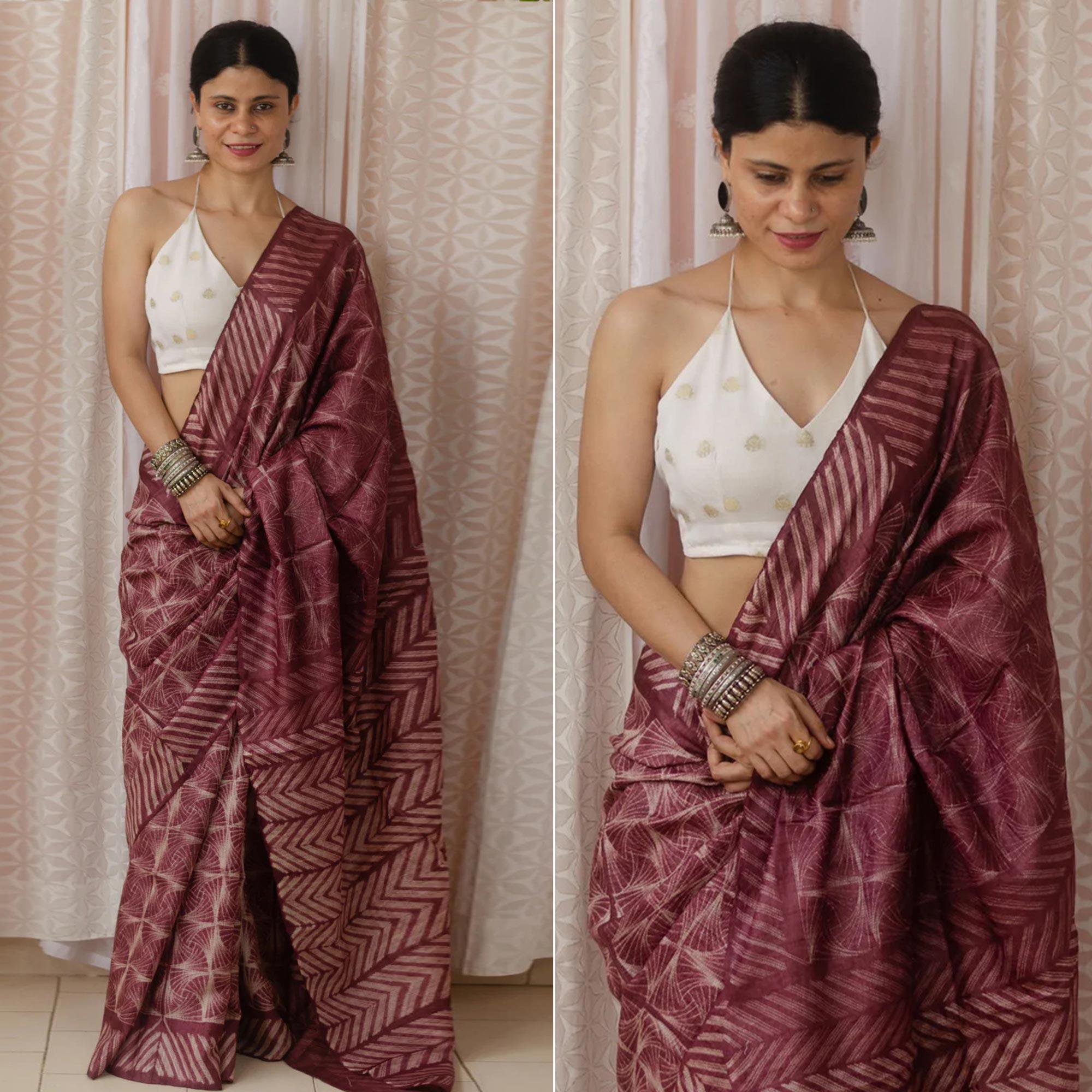 Wine Digital Printed Linen Saree - Peachmode