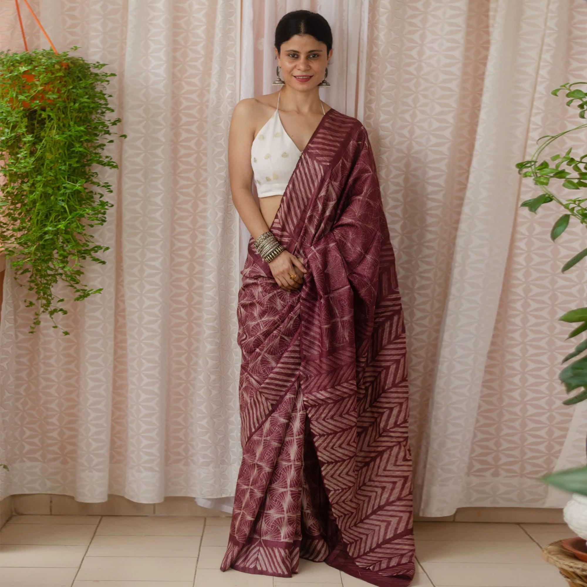 Wine Digital Printed Linen Saree - Peachmode