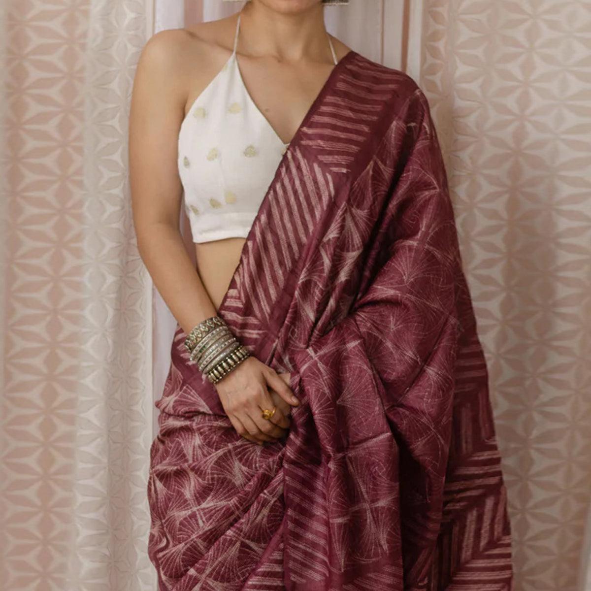 Wine Digital Printed Linen Saree - Peachmode