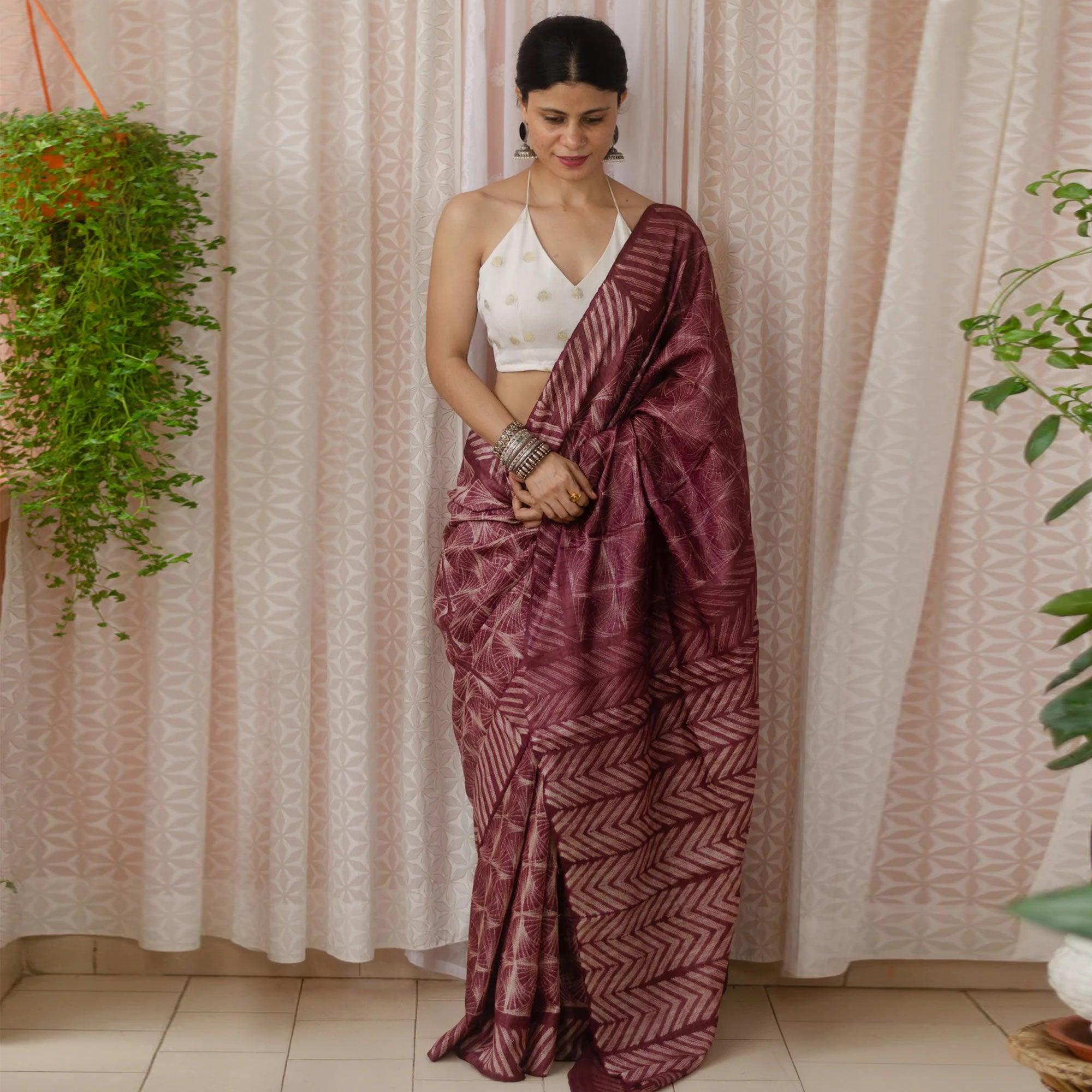 Wine Digital Printed Linen Saree - Peachmode