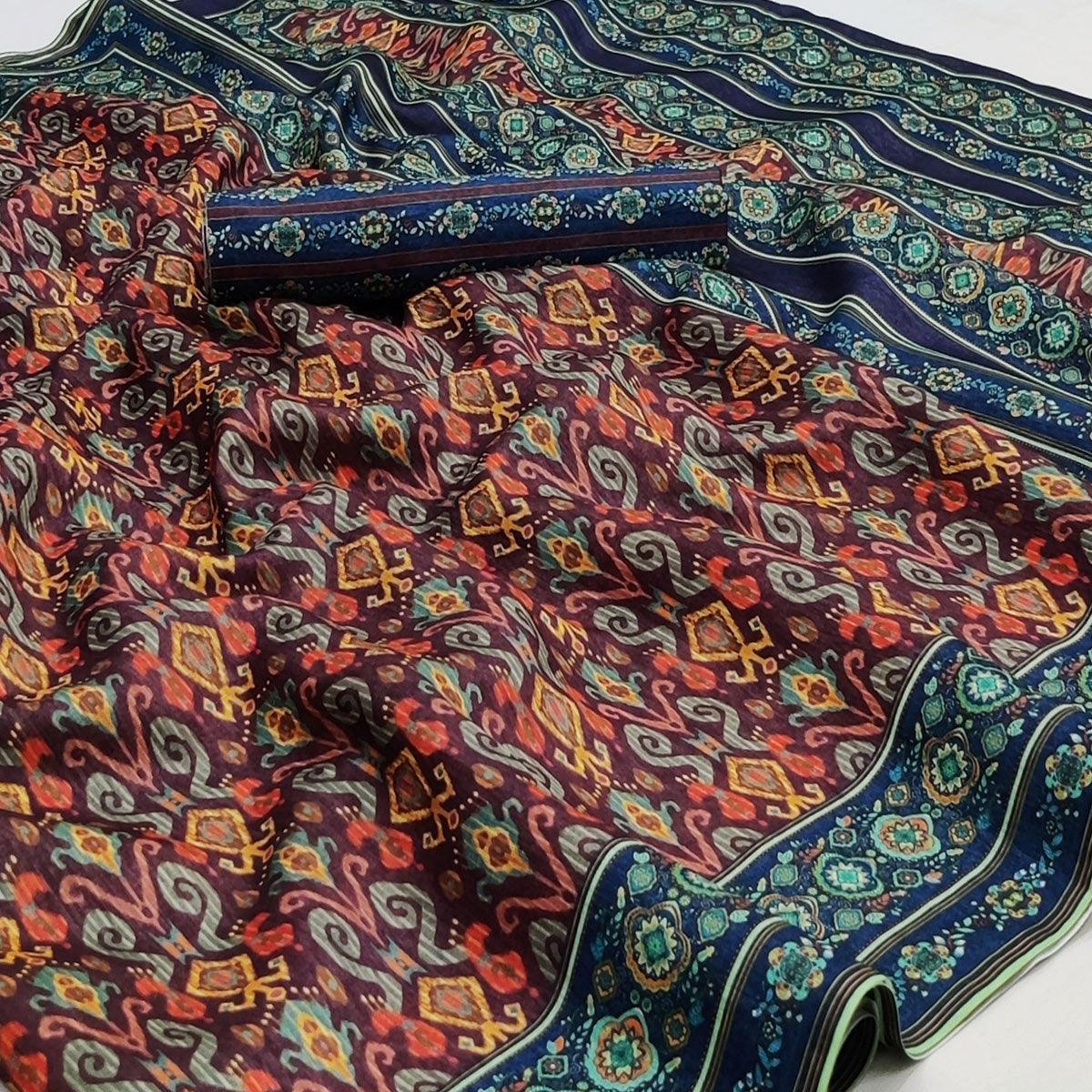 Wine Digital Printed Pure Cotton Saree - Peachmode