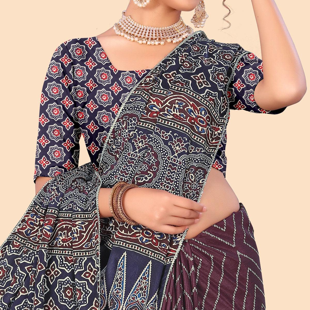 Wine Digital Printed With Fancy Border Chiffon Saree - Peachmode
