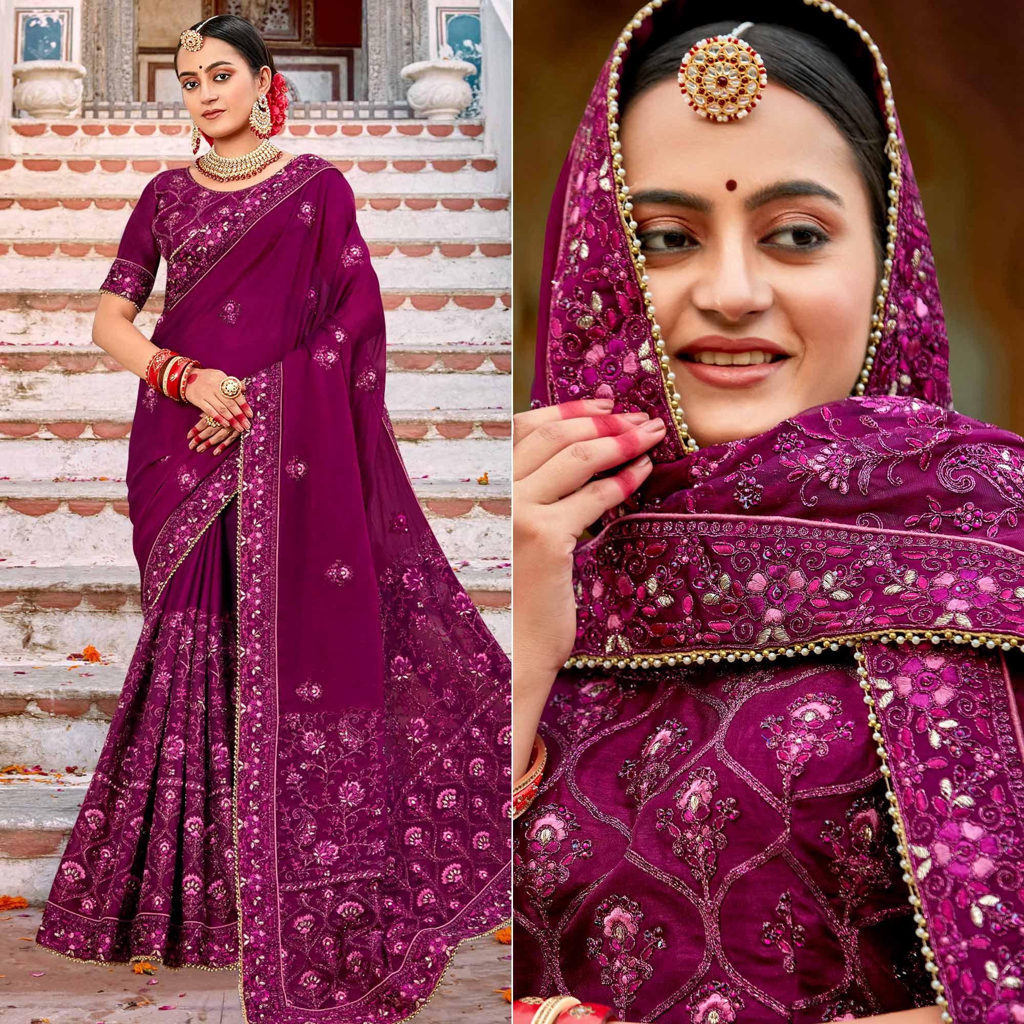 Wine Embellished With Embroidered Art Silk Saree - Peachmode