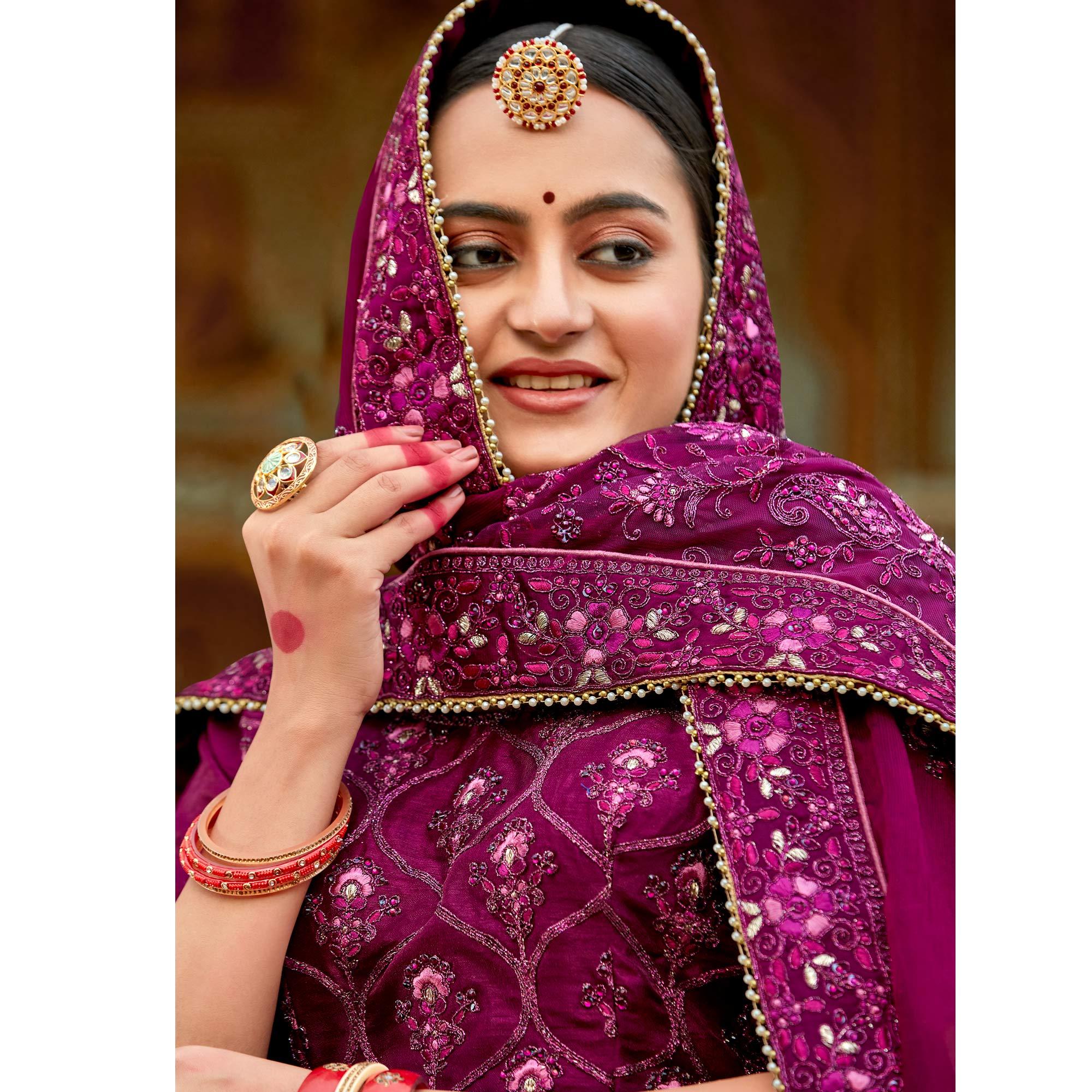 Wine Embellished With Embroidered Art Silk Saree - Peachmode