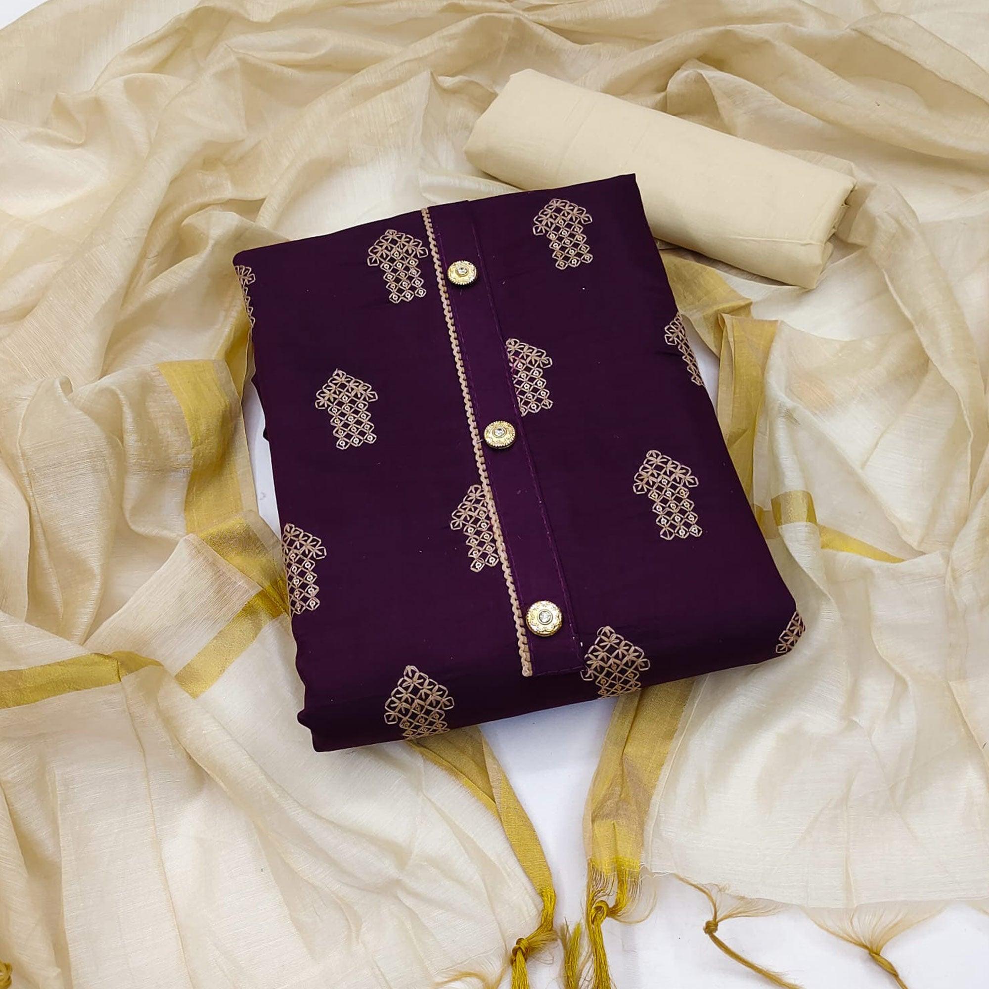 Wine Embellished With Embroidered Cotton Blend Dress Material - Peachmode