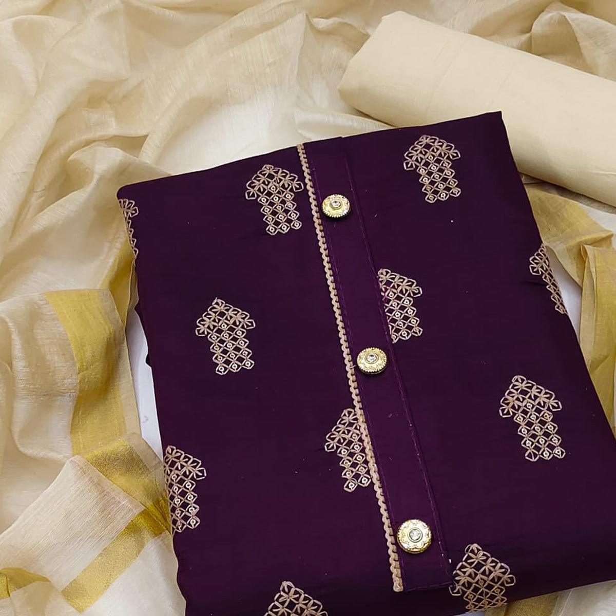 Wine Embellished With Embroidered Cotton Blend Dress Material - Peachmode