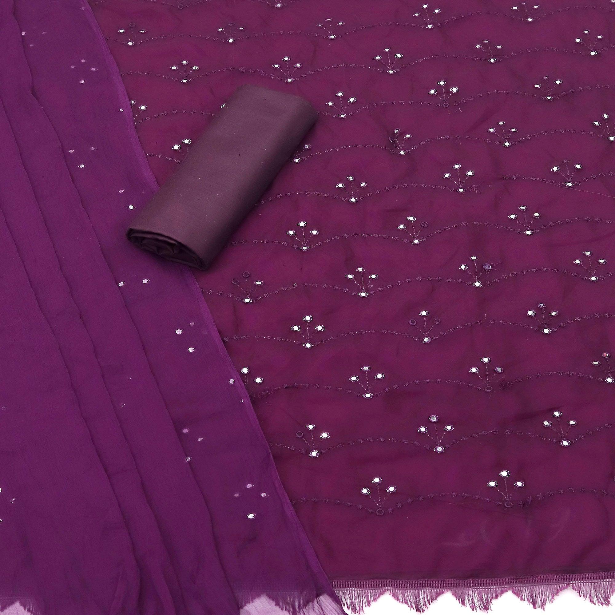 Wine Embellished With Embroidered Georgette Dress Material - Peachmode