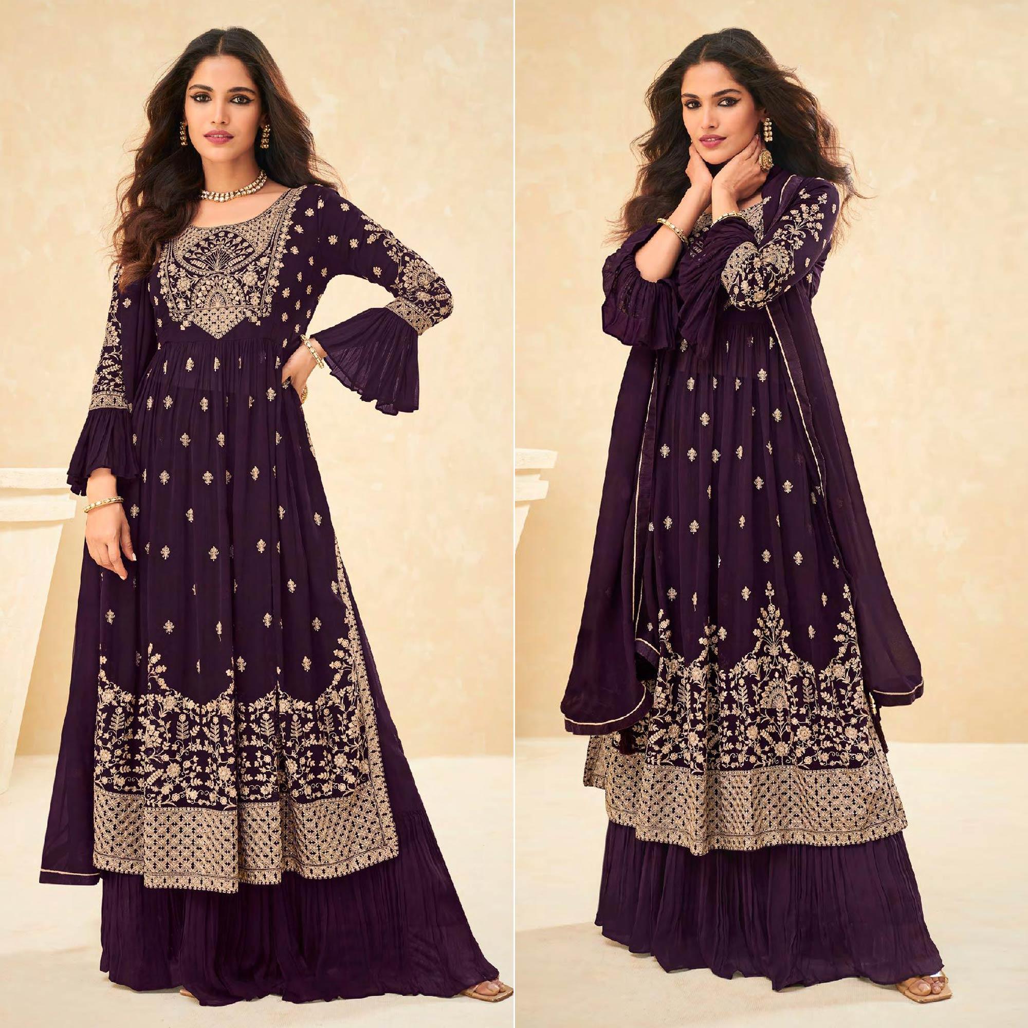 Wine Embellished With Embroidered Georgette Palazzo Suit - Peachmode