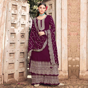 Wine Embellished With Embroidered Georgette Palazzo Suit - Peachmode