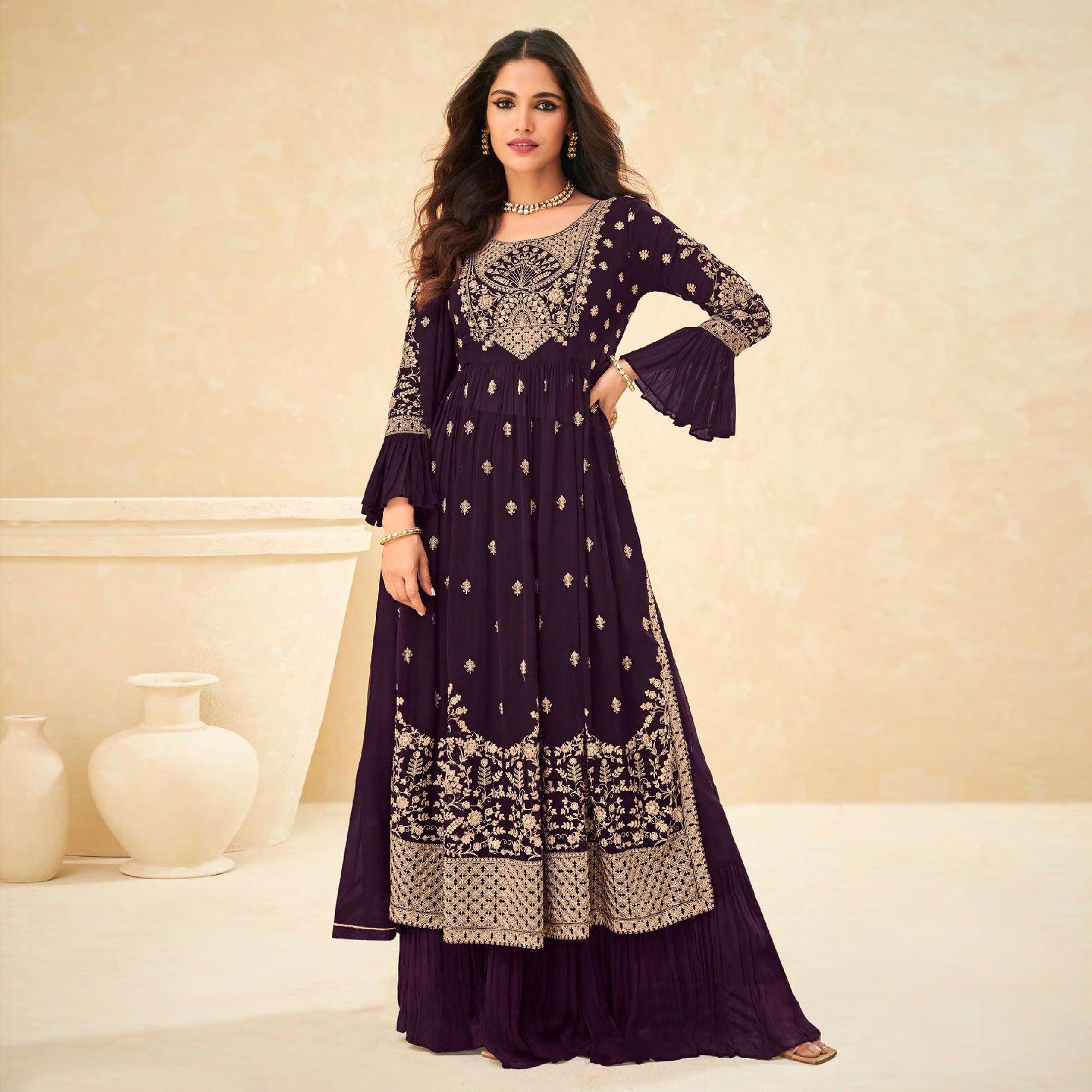 Wine Embellished With Embroidered Georgette Palazzo Suit - Peachmode