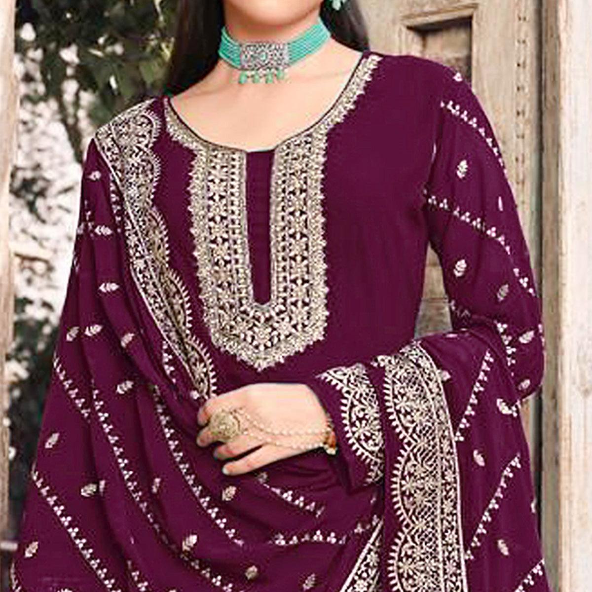 Wine Embellished With Embroidered Georgette Palazzo Suit - Peachmode
