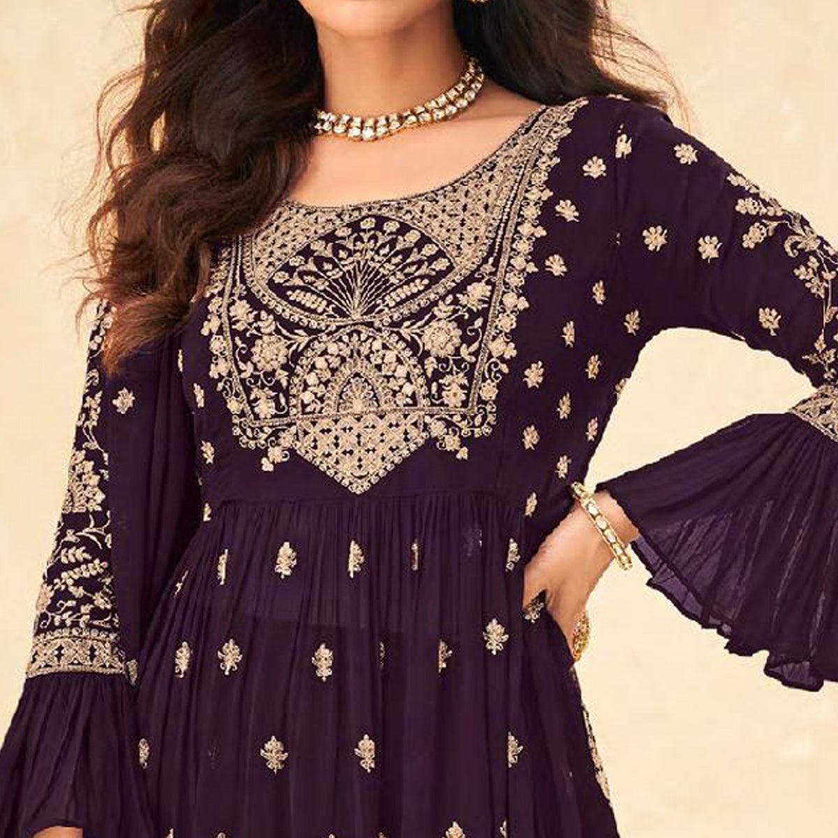 Wine Embellished With Embroidered Georgette Palazzo Suit - Peachmode