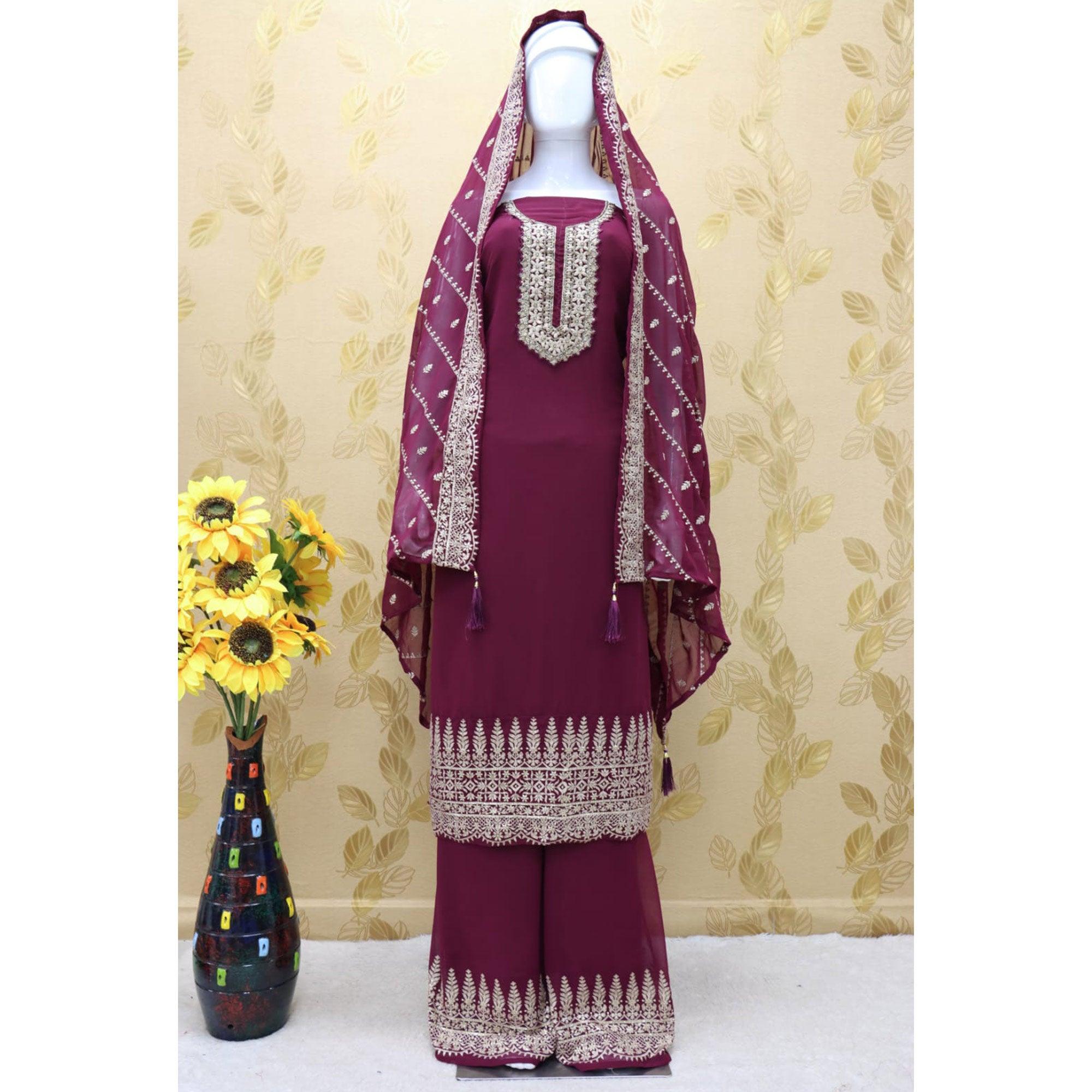 Wine Embellished With Embroidered Georgette Palazzo Suit - Peachmode