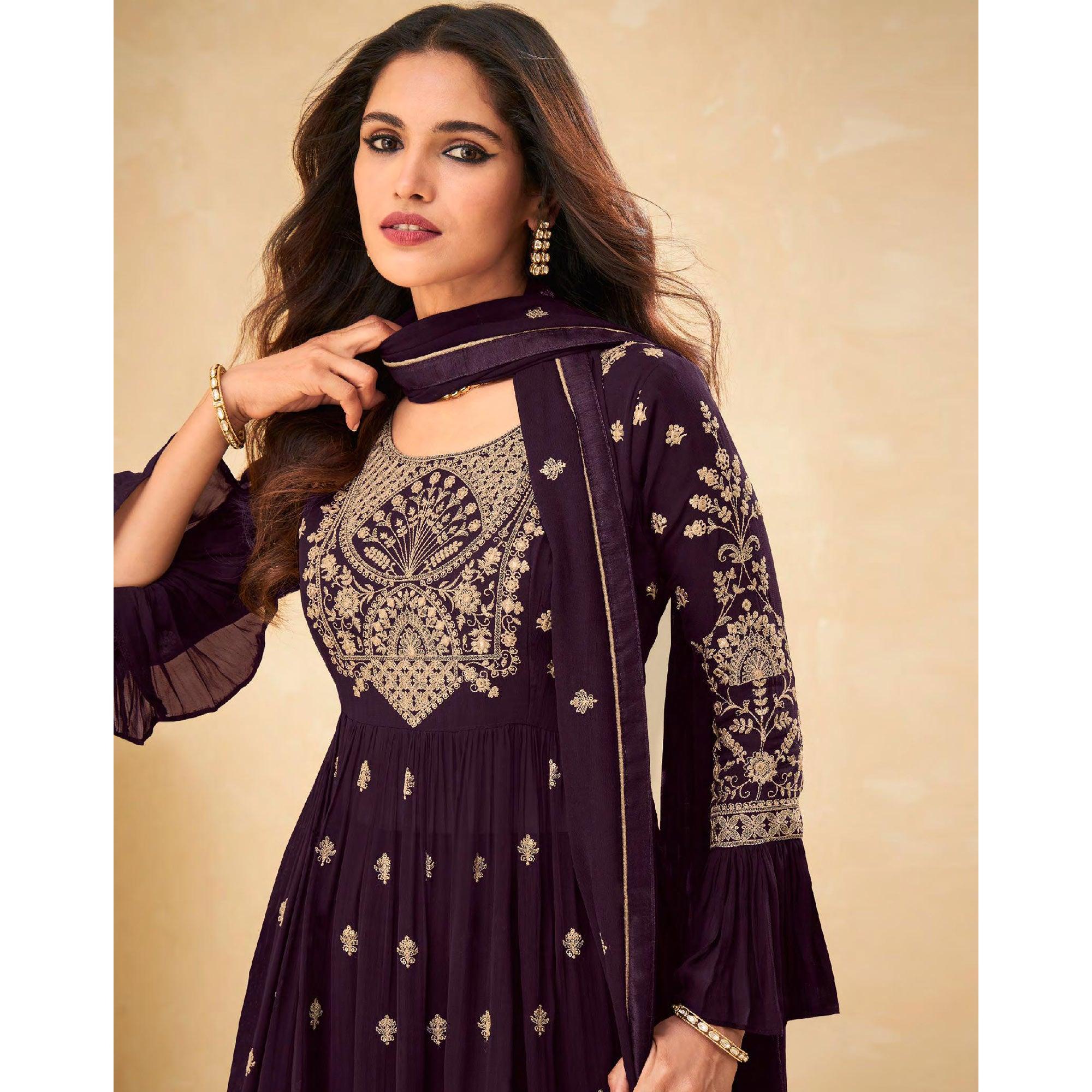 Wine Embellished With Embroidered Georgette Palazzo Suit - Peachmode