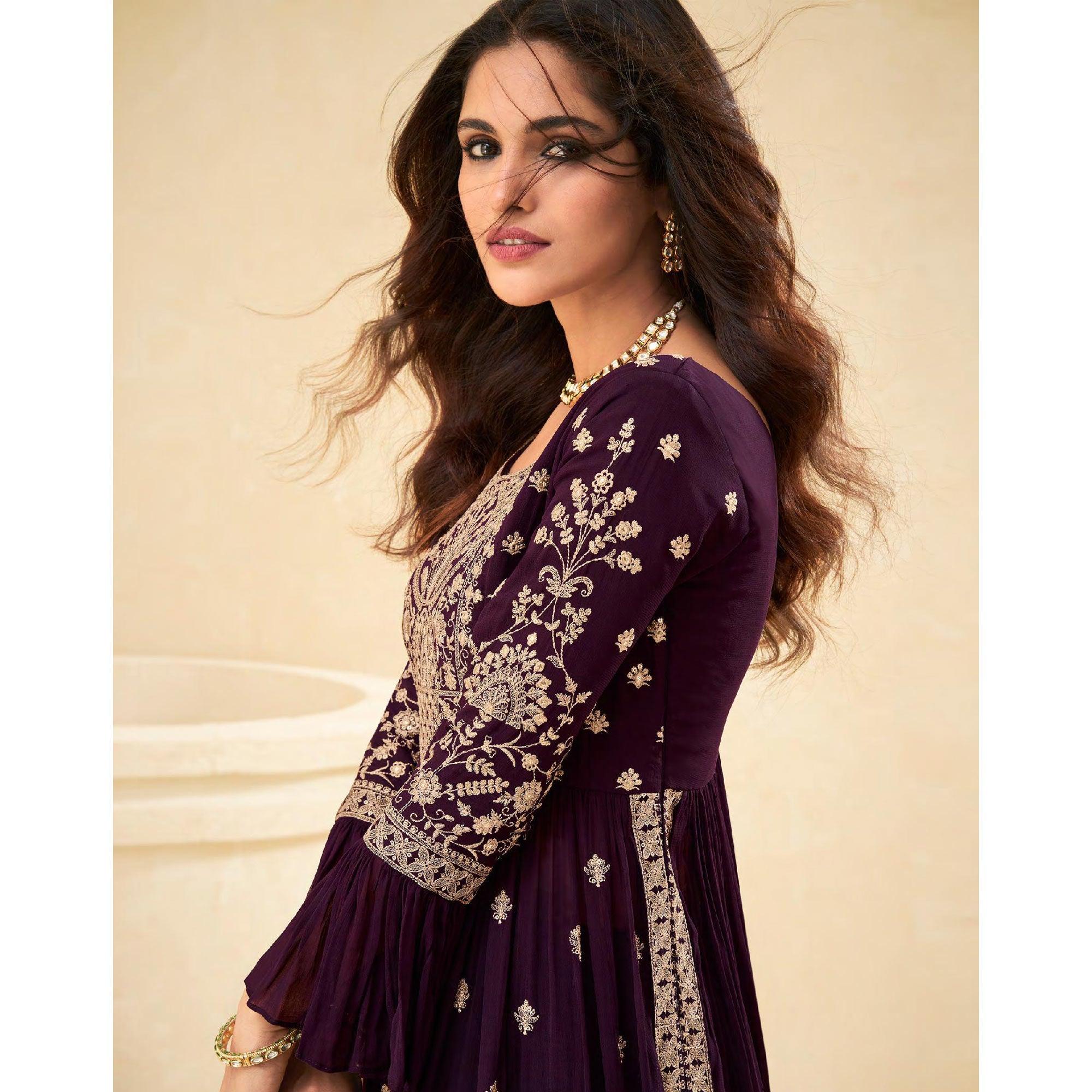 Wine Embellished With Embroidered Georgette Palazzo Suit - Peachmode