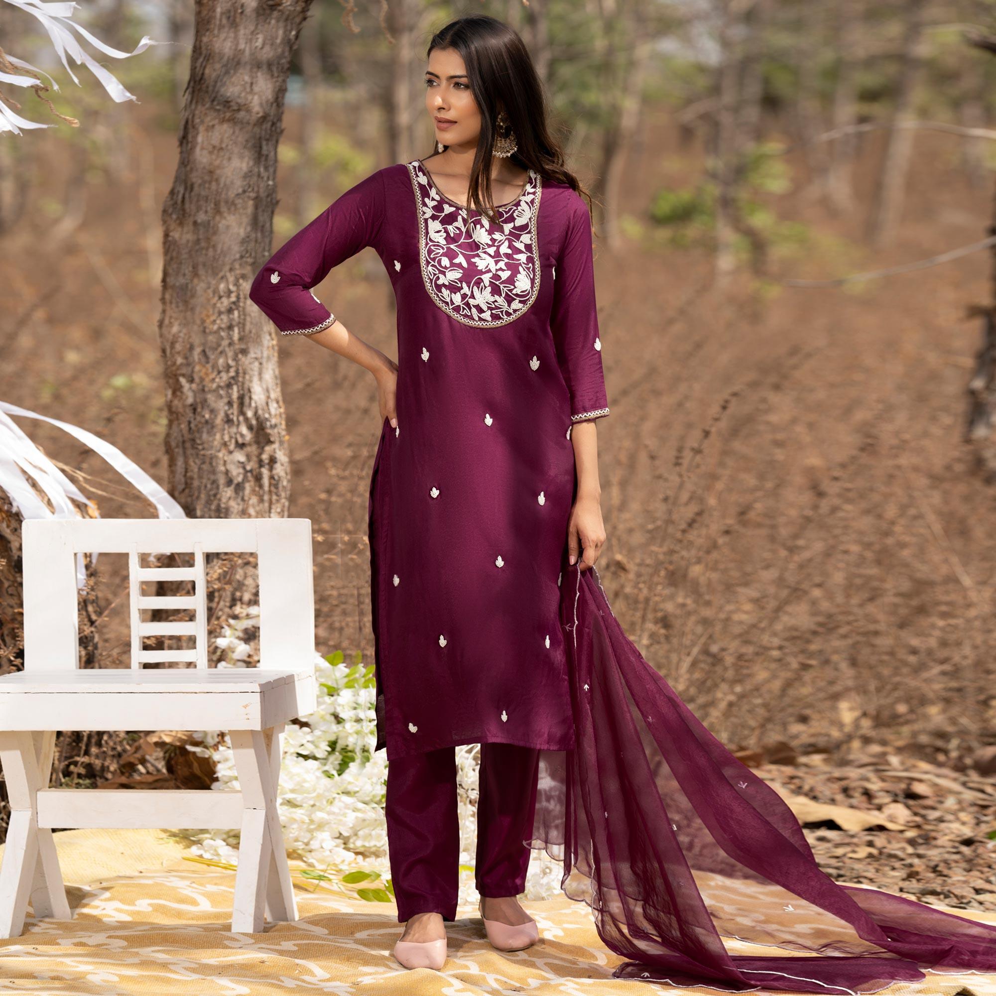 Wine Embellished With Embroidered Muslin Kurti Pant Set With Dupatta - Peachmode