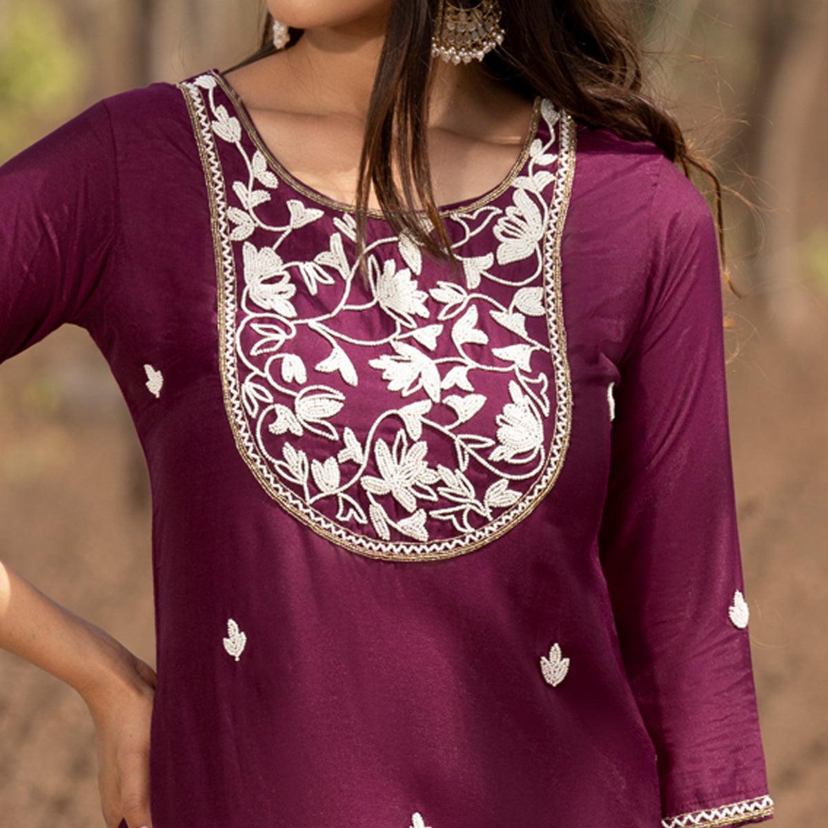 Wine Embellished With Embroidered Muslin Kurti Pant Set With Dupatta - Peachmode