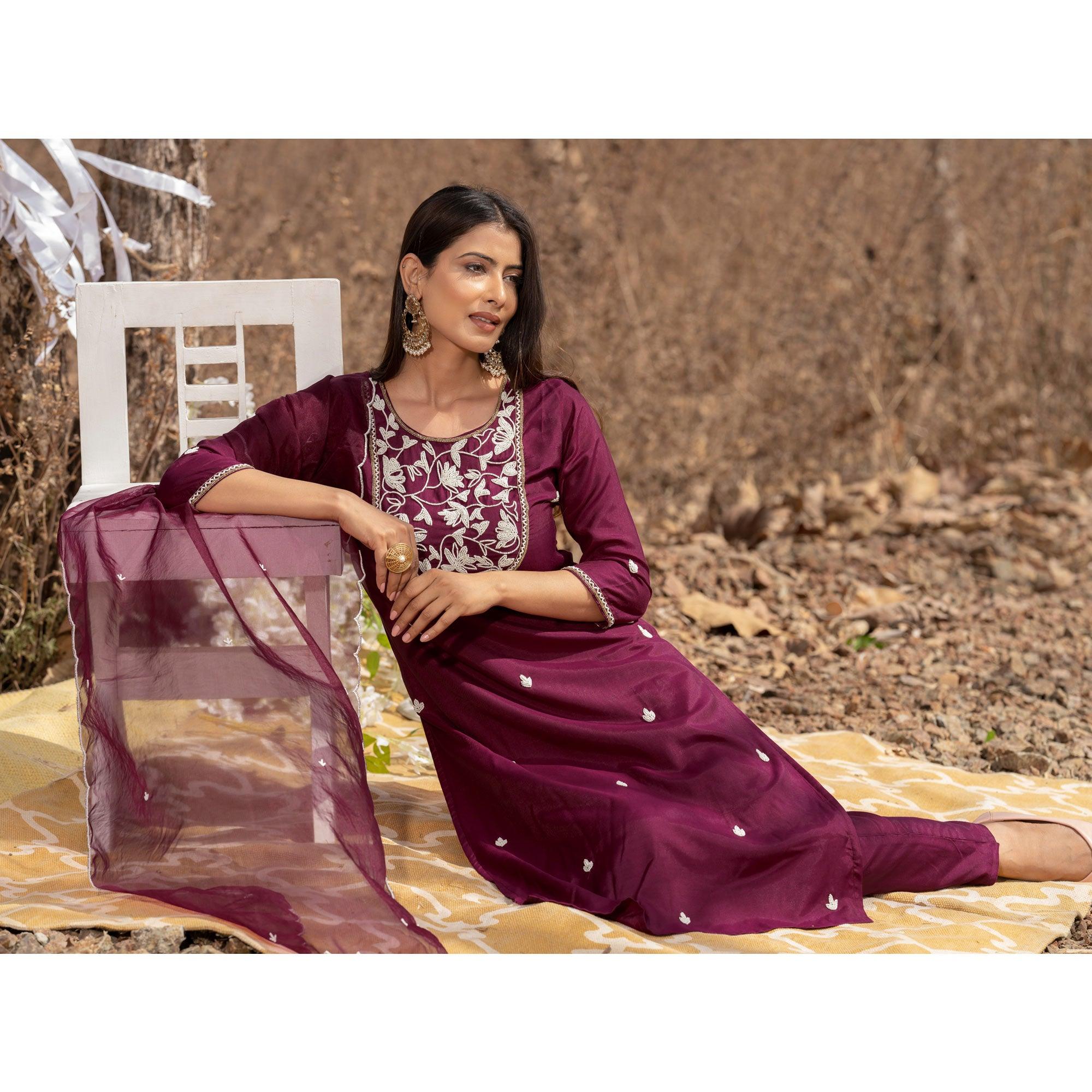 Wine Embellished With Embroidered Muslin Kurti Pant Set With Dupatta - Peachmode