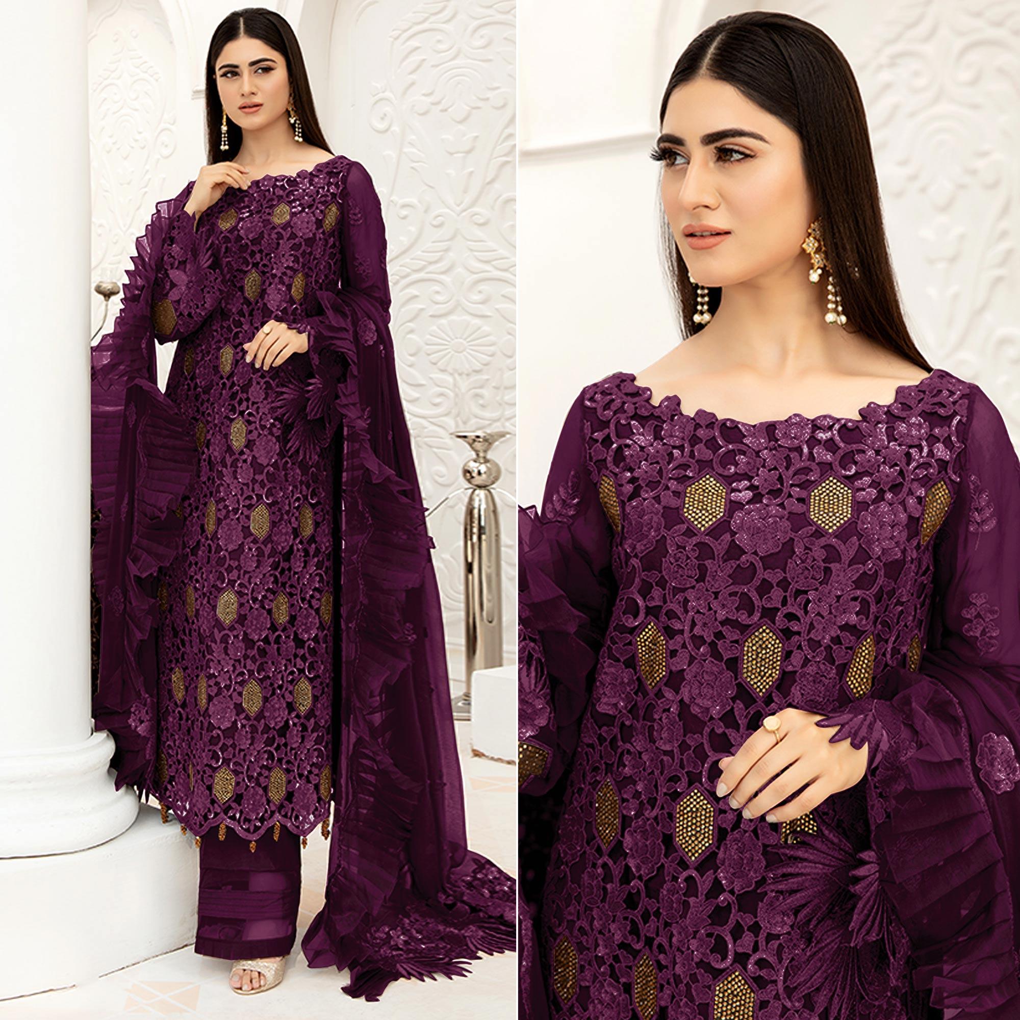 Wine Embellished With Embroidered Net Pakistani Suit - Peachmode