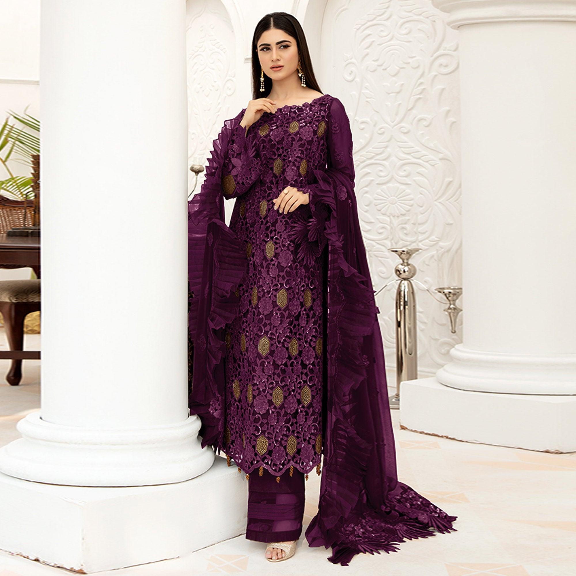 Wine Embellished With Embroidered Net Pakistani Suit - Peachmode