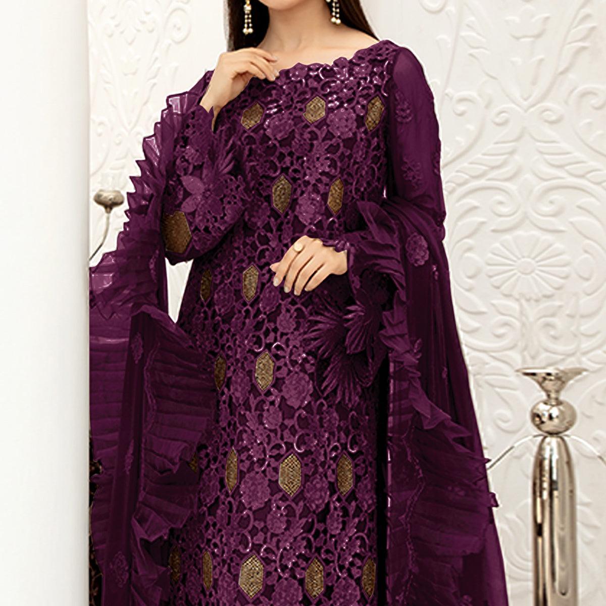 Wine Embellished With Embroidered Net Pakistani Suit - Peachmode