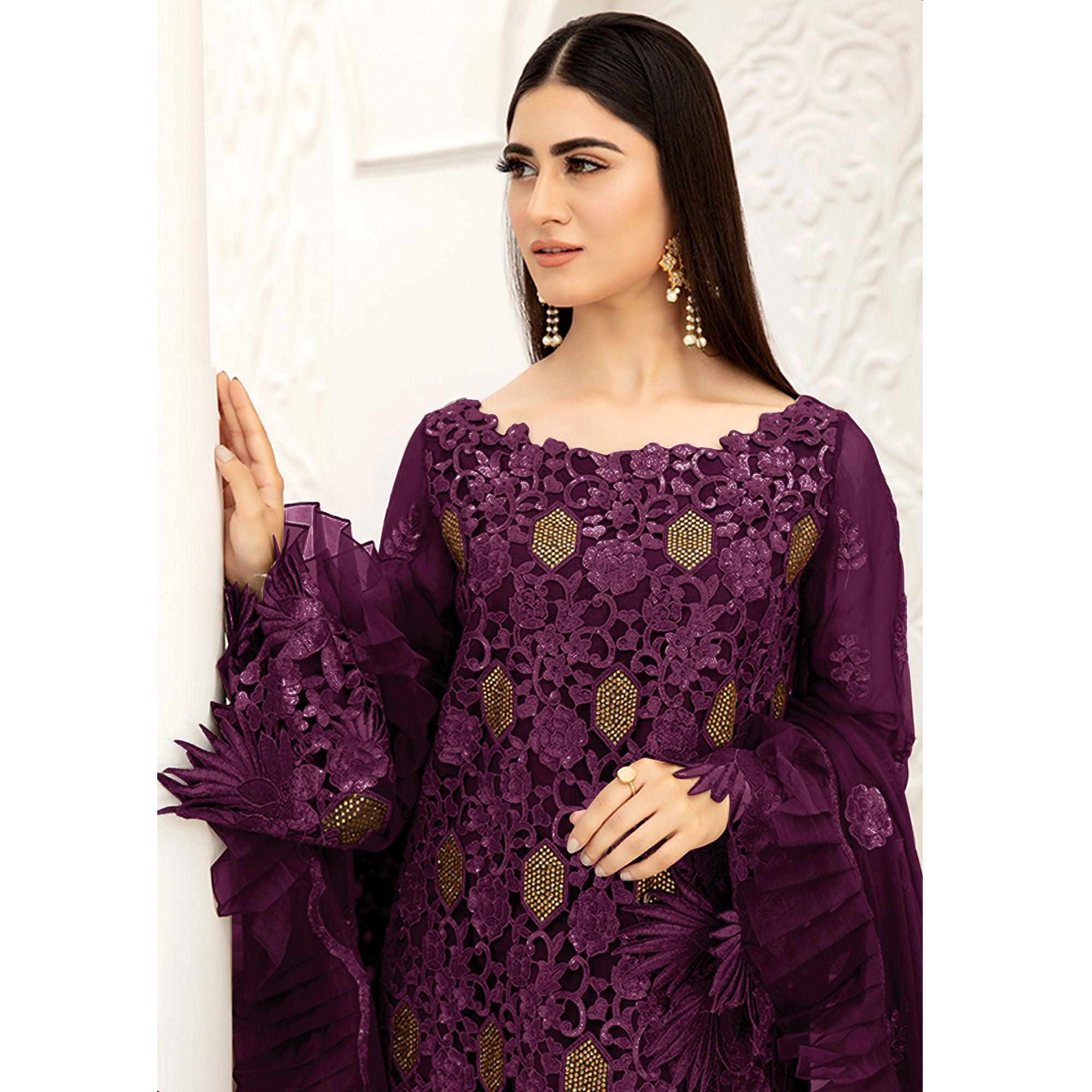 Wine Embellished With Embroidered Net Pakistani Suit - Peachmode