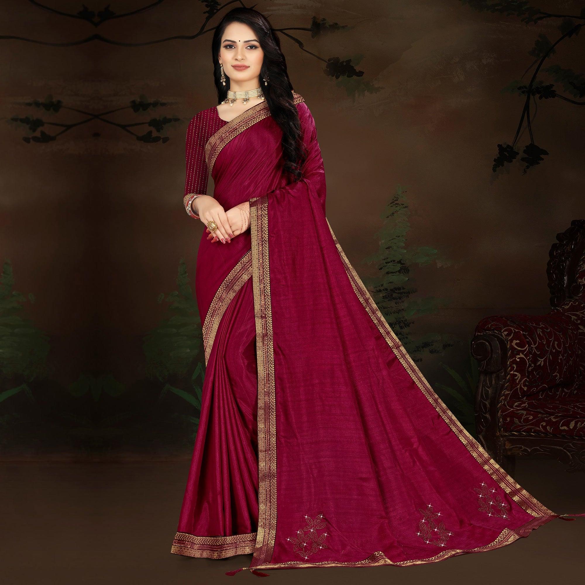 Wine Embellished With Embroidered Vichitra Silk Saree - Peachmode