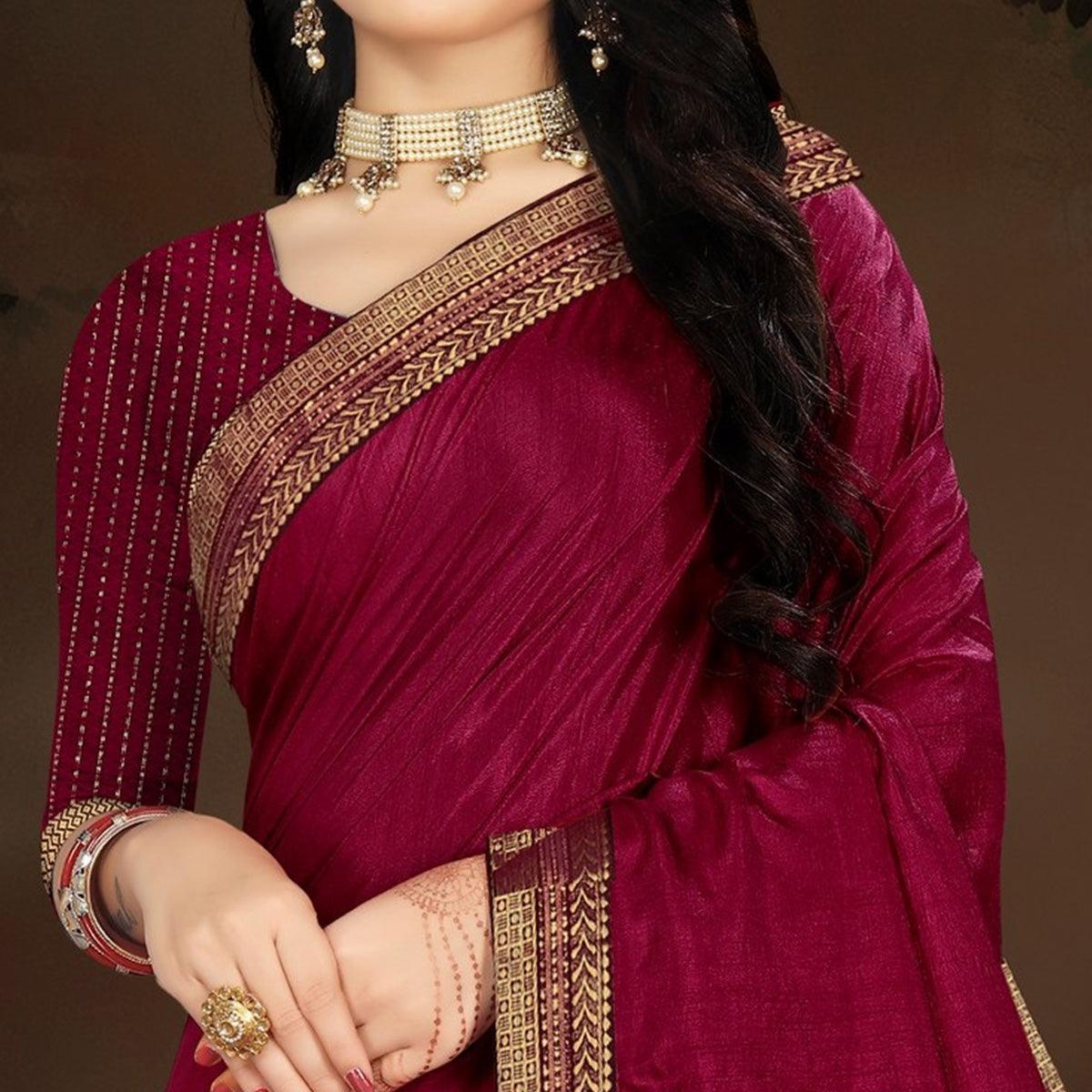 Wine Embellished With Embroidered Vichitra Silk Saree - Peachmode