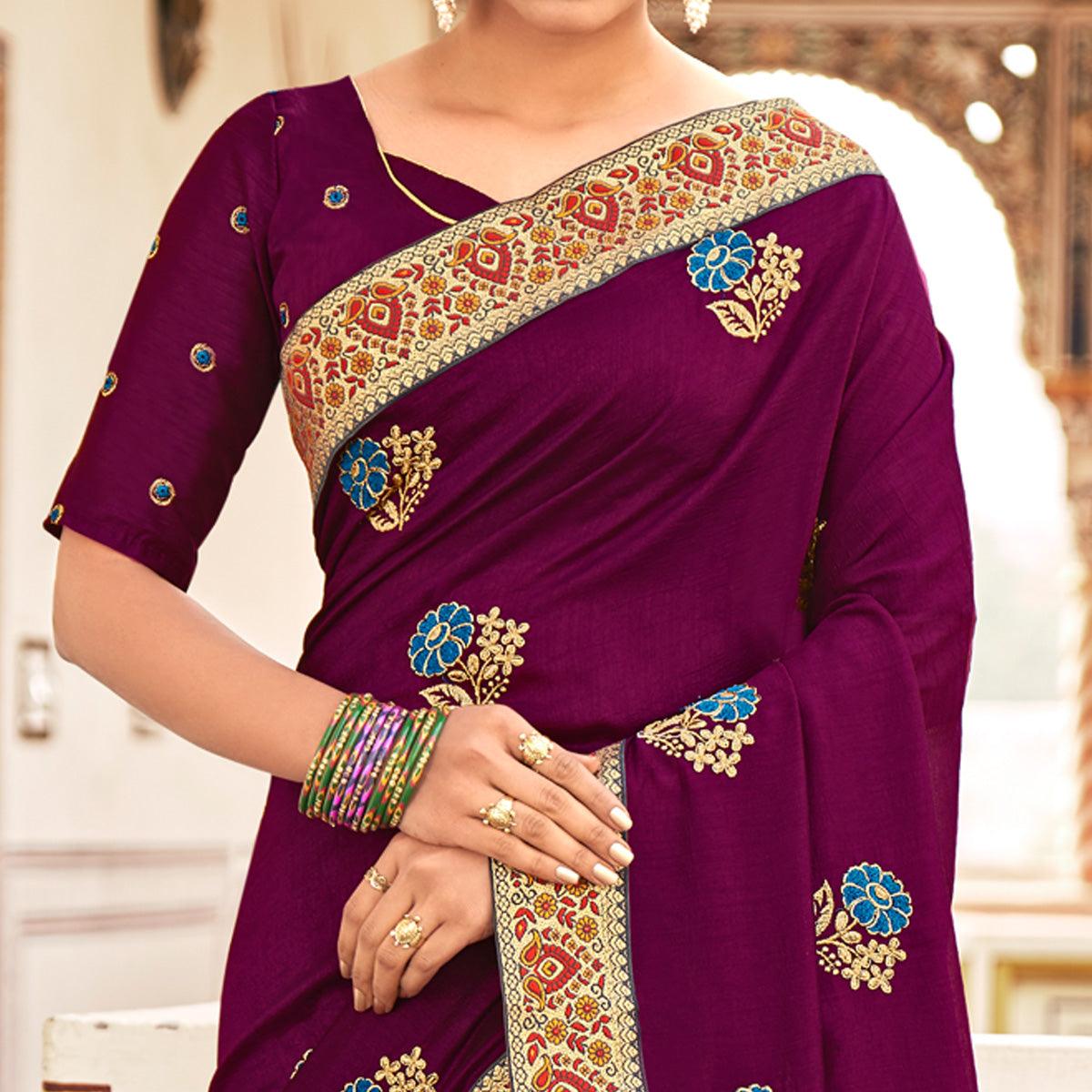 Wine Embellished With Embroidered Vichitra Silk Saree - Peachmode