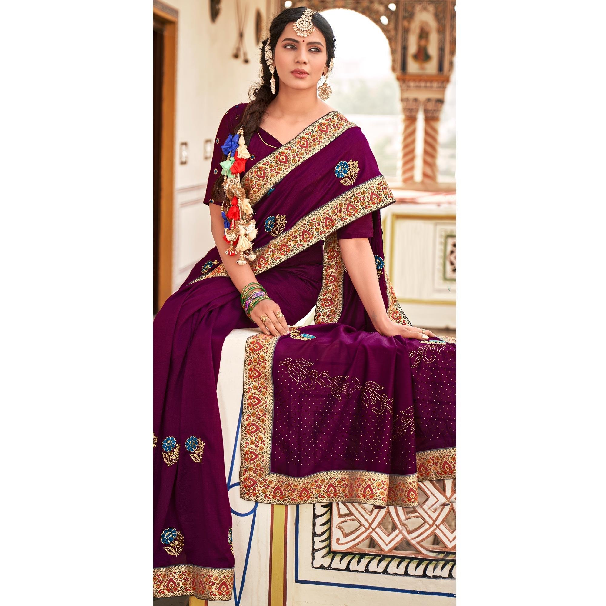Wine Embellished With Embroidered Vichitra Silk Saree - Peachmode