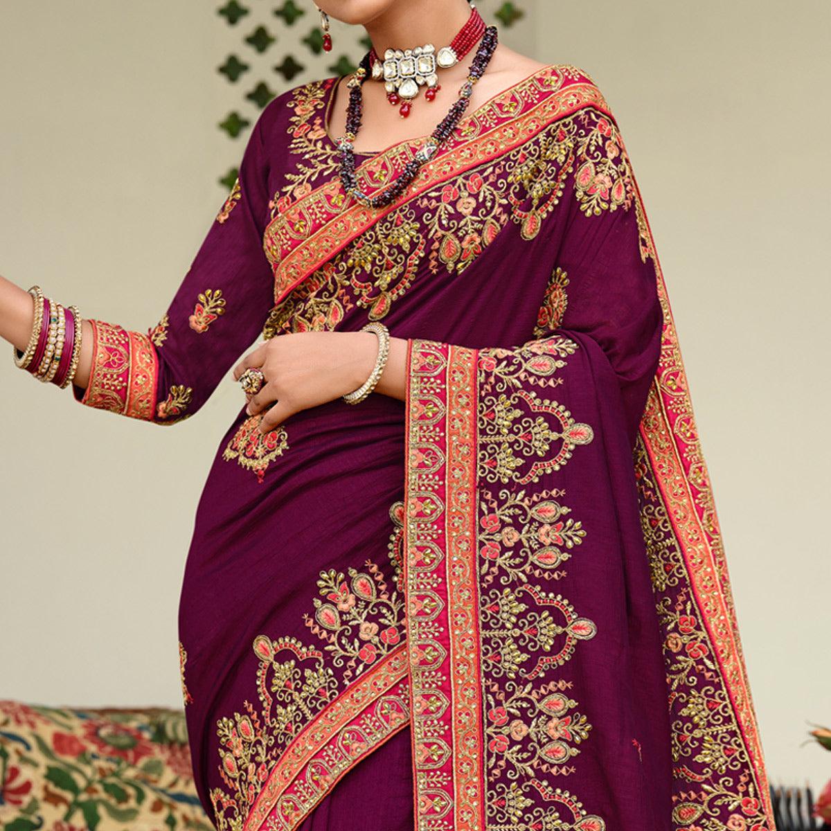 Wine Embellished With Embroidered Vichitra Silk Saree With Tassels - Peachmode