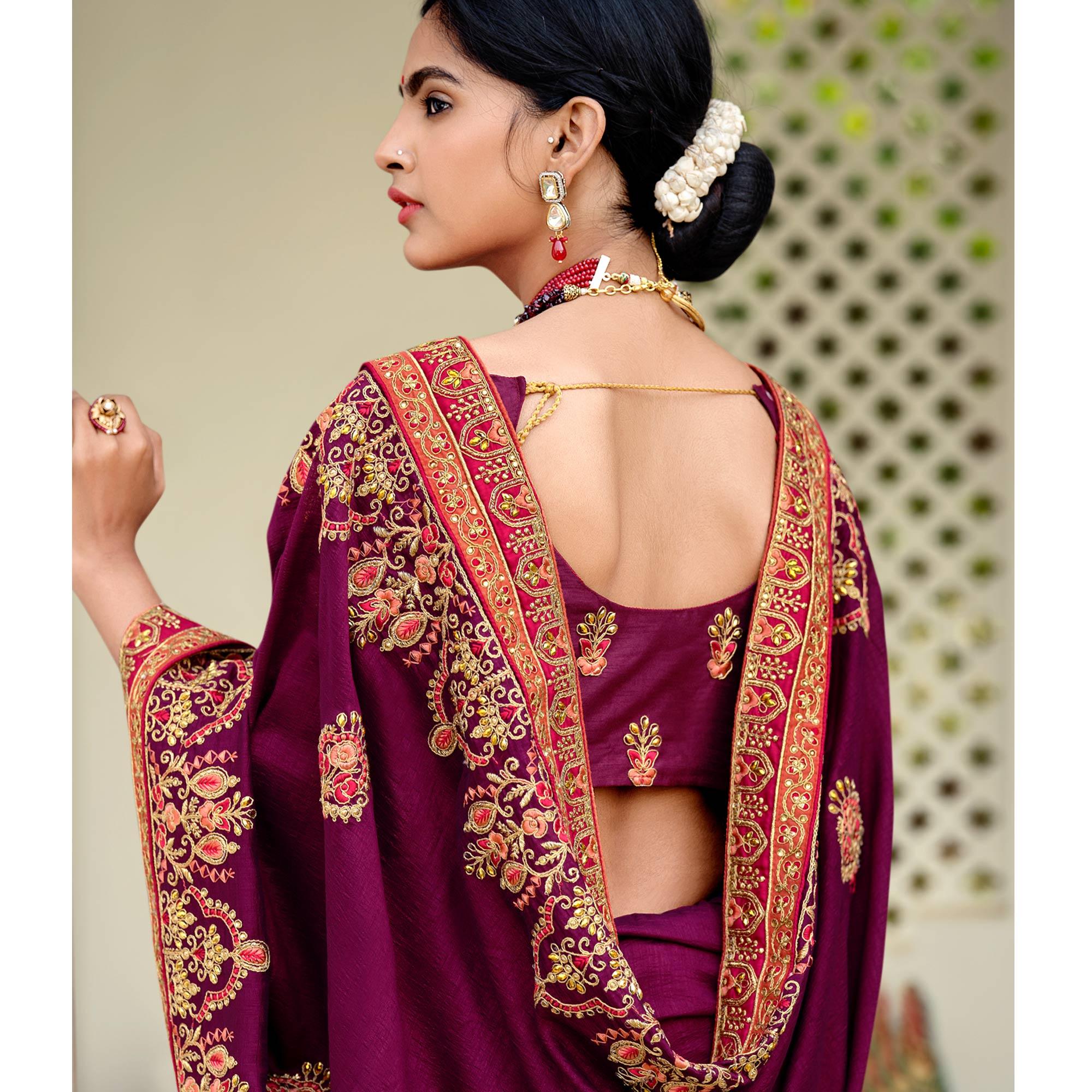 Wine Embellished With Embroidered Vichitra Silk Saree With Tassels - Peachmode