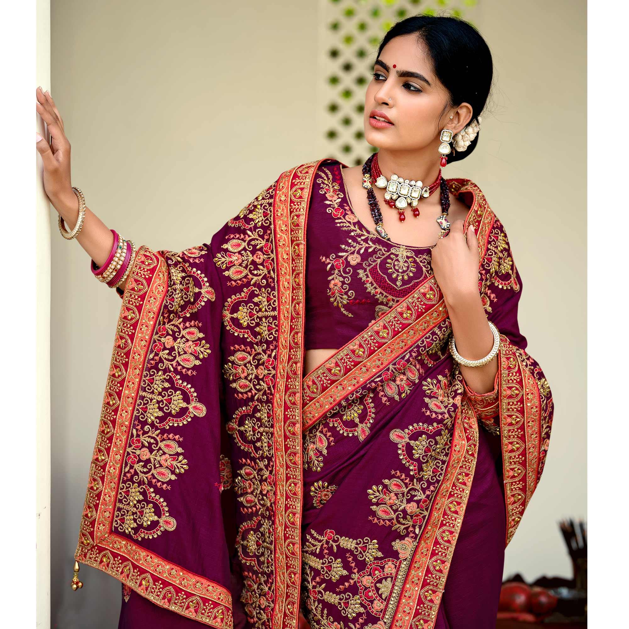 Wine Embellished With Embroidered Vichitra Silk Saree With Tassels - Peachmode