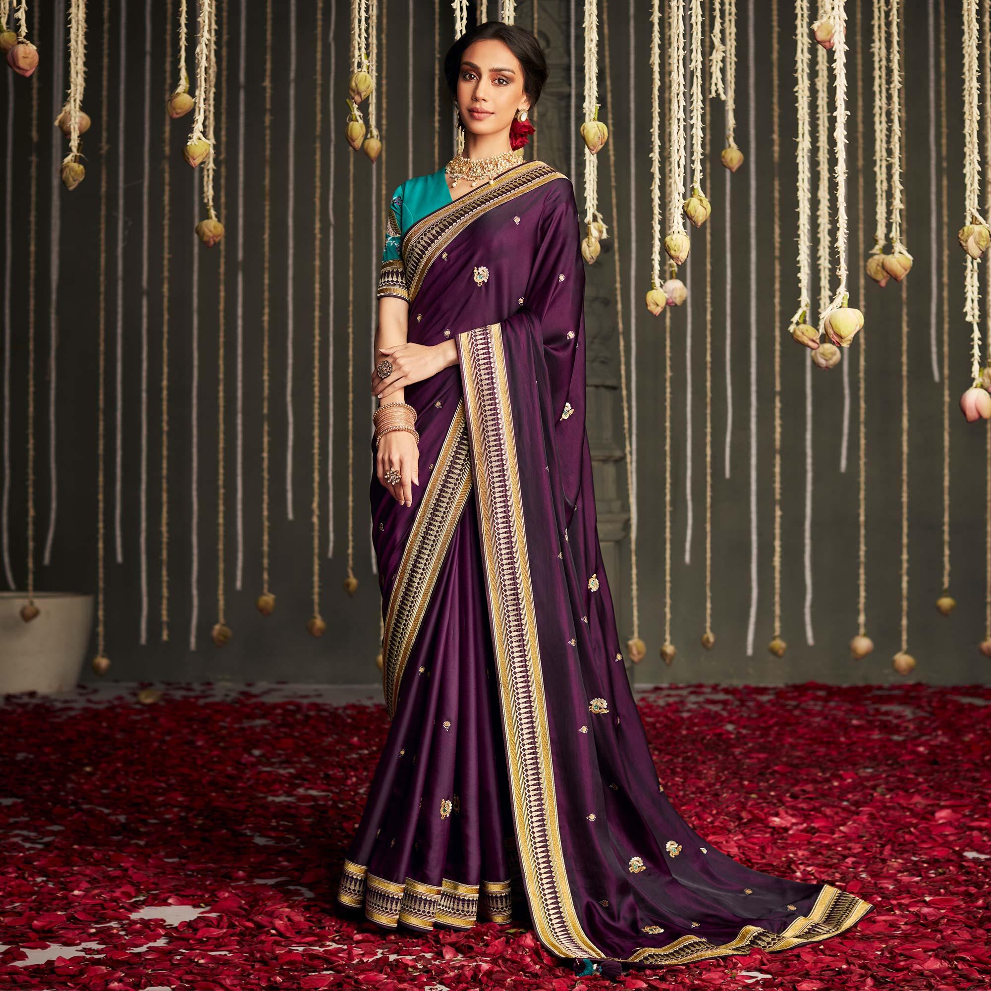 Wine Embroidered Art Silk Saree With Tassels - Peachmode