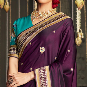 Wine Embroidered Art Silk Saree With Tassels - Peachmode