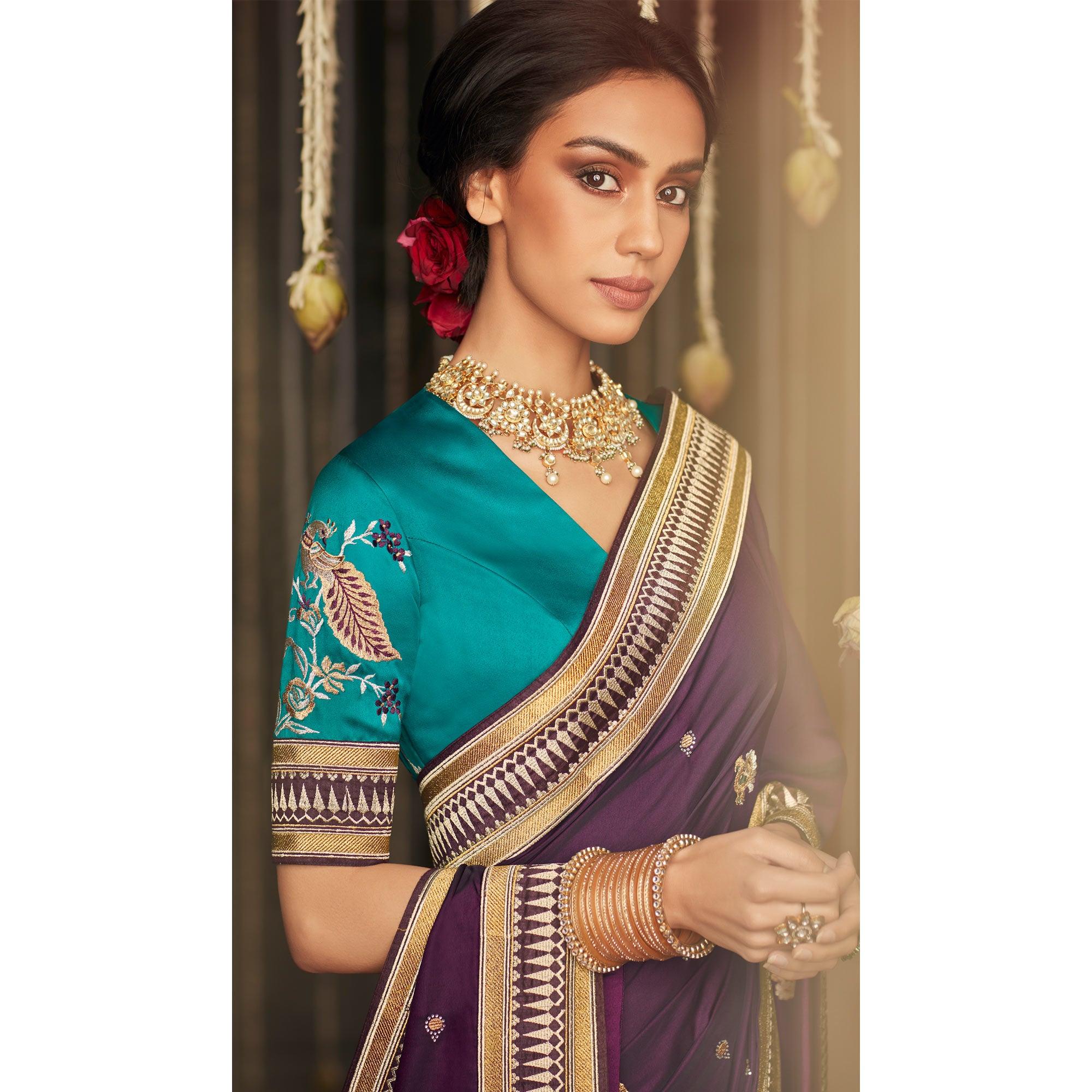 Wine Embroidered Art Silk Saree With Tassels - Peachmode