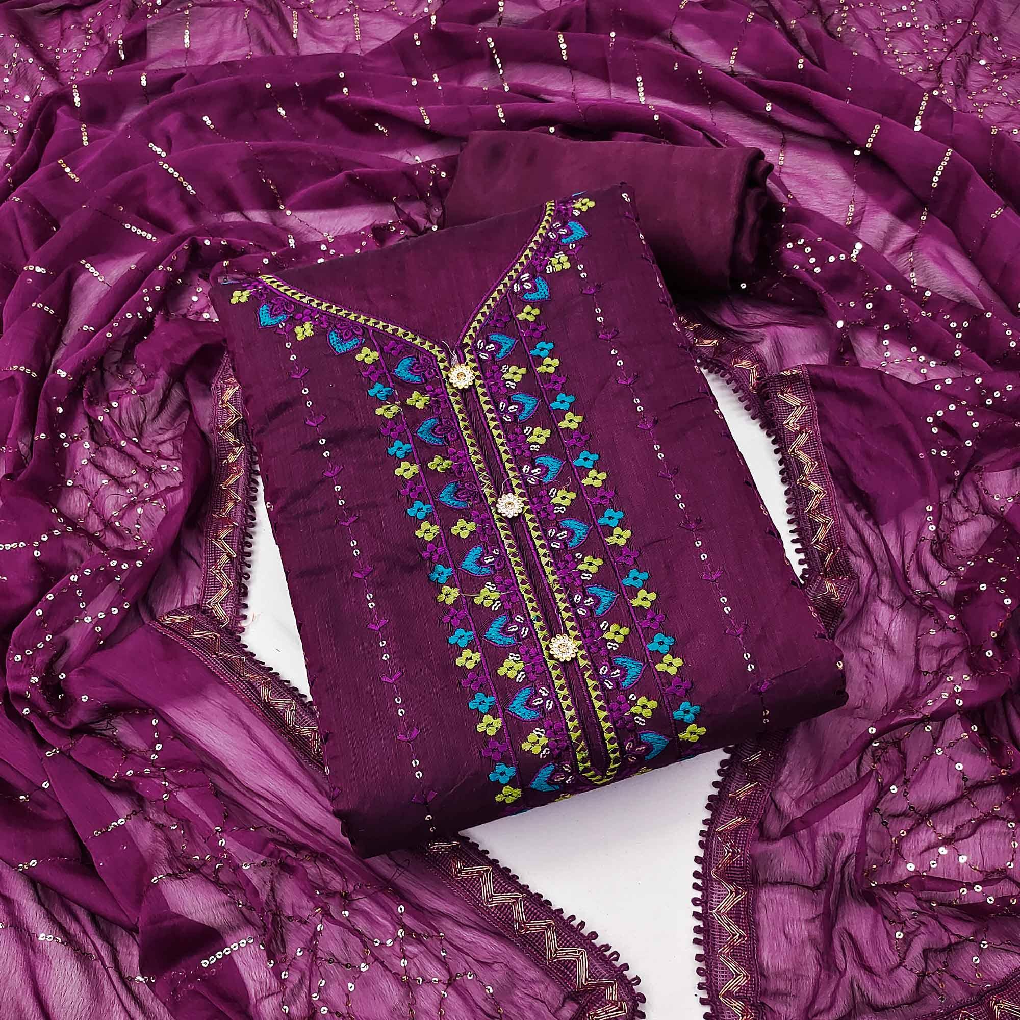 Wine Embroidered Chanderi Dress Material - Peachmode