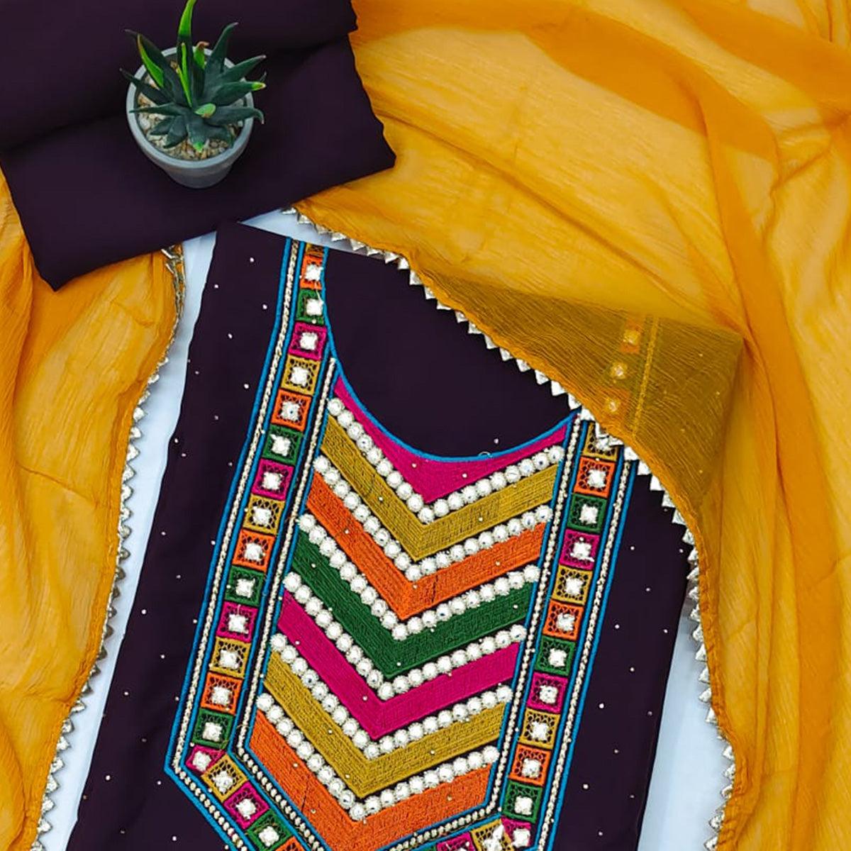 Wine Embroidered Chanderi Dress Material - Peachmode